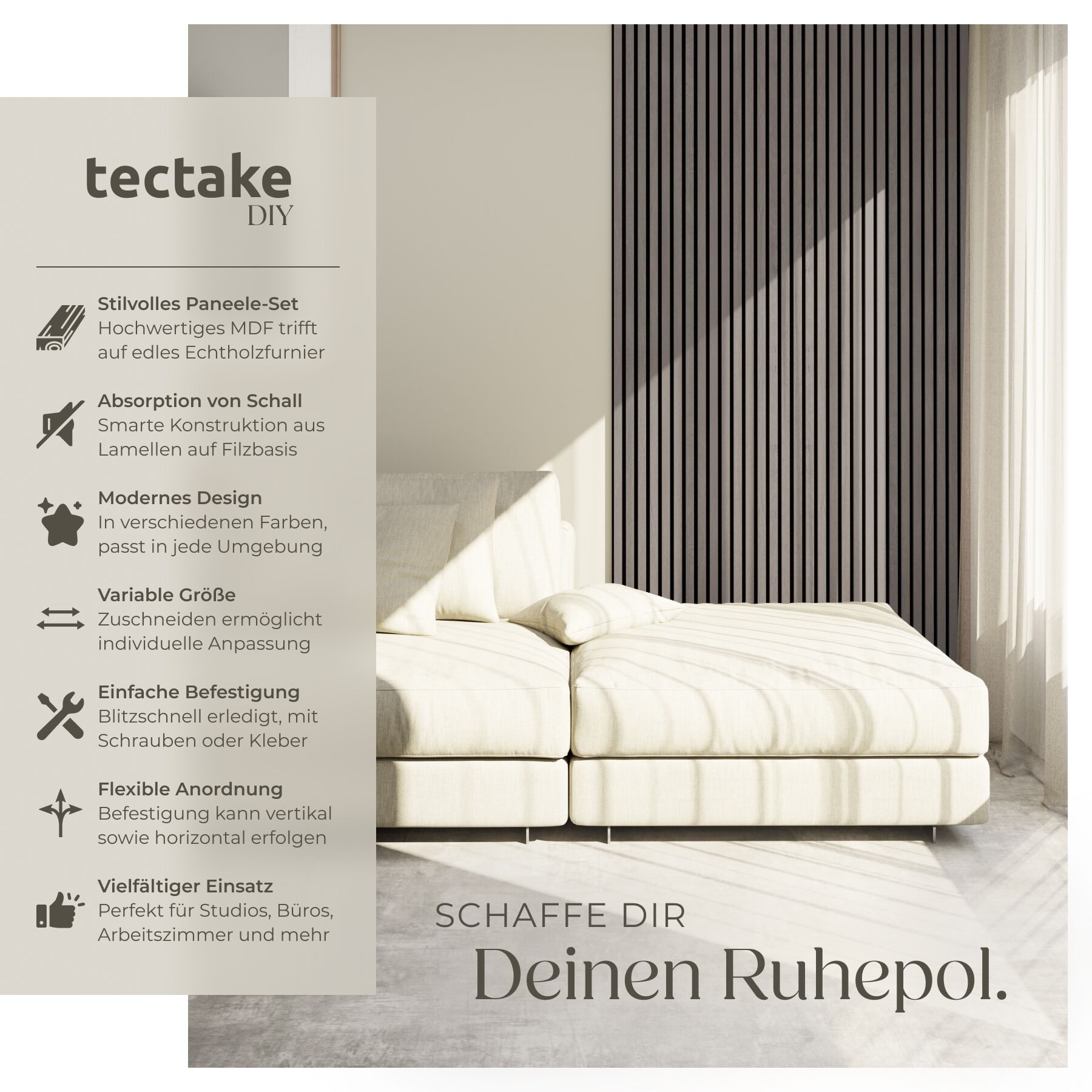 tectake Wandpaneel Akustikpaneele aus MDF und Echtholzfurnier - Eiche hellgrau, BxL: 60x120 cm, 0.72 qm, (Holzpaneele Sonic Wall, 4-tlg., Größe flexibel anpassbar) schallabsorbierender Filz, einfache Montage mit Kleber oder Schrauben