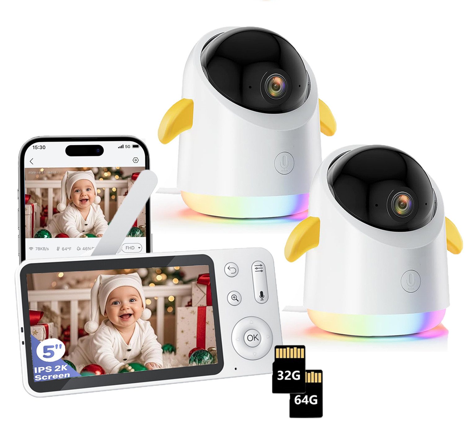 Babyphone 2K Babyphone mit 2 Kameras PTZ 360° WLAN Video Baby Monitor mit App
