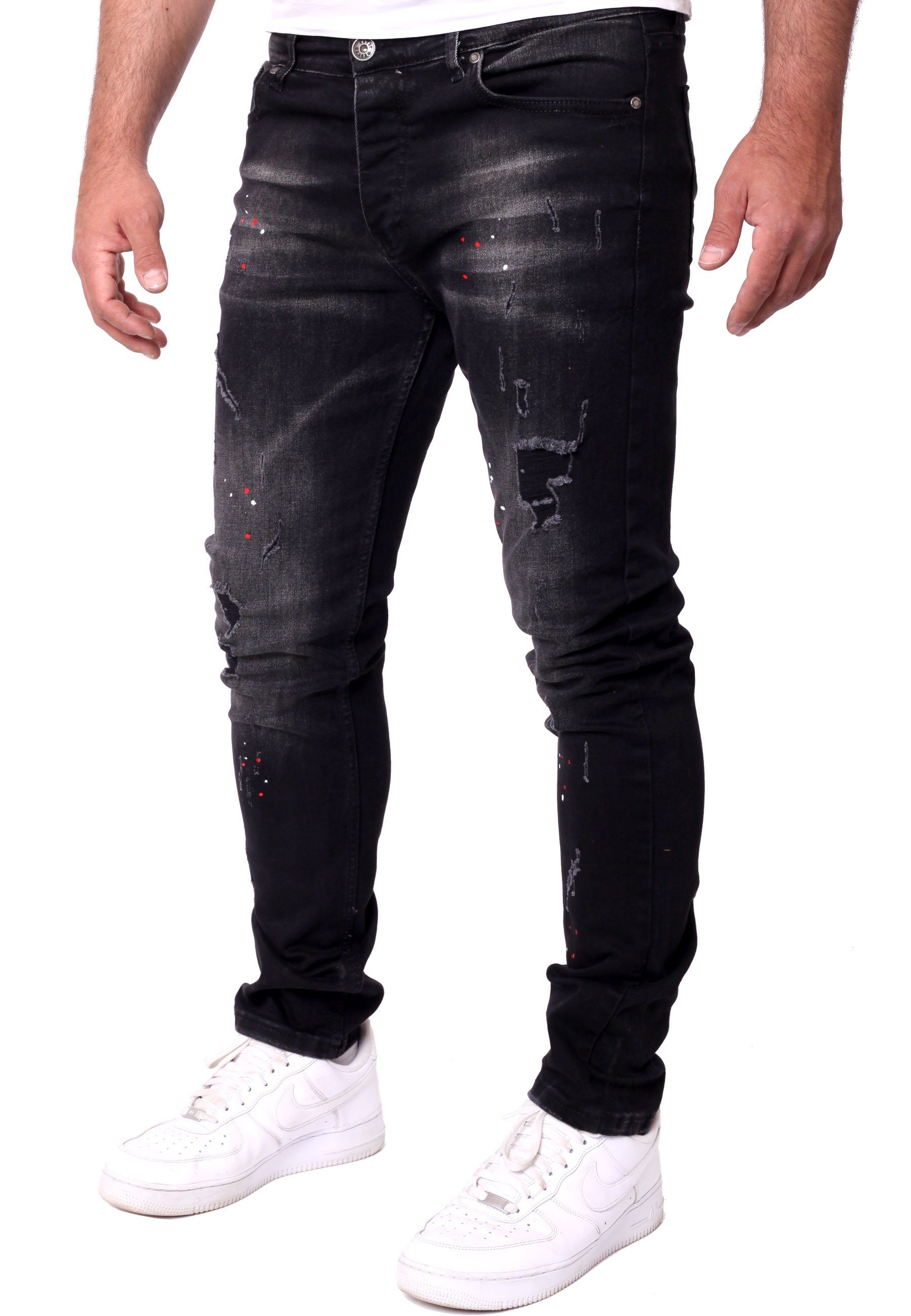 Reslad Destroyed-Jeans Reslad Destroyed Stretch Herren Fit Color-Splashes Männer-Hose Slim Jeanshose Denim schwarz Jeans Destroyed Jeanshose