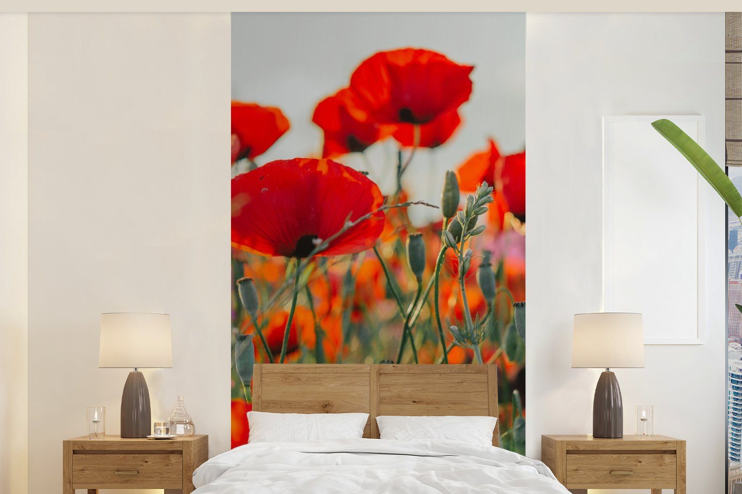 MuchoWow Fototapete Mohn - Blumen - Rot - Lila - Wiese, Matt, bedruckt, (2 St), Vliestapete für Wohnzimmer Schlafzimmer Küche, Fototapete