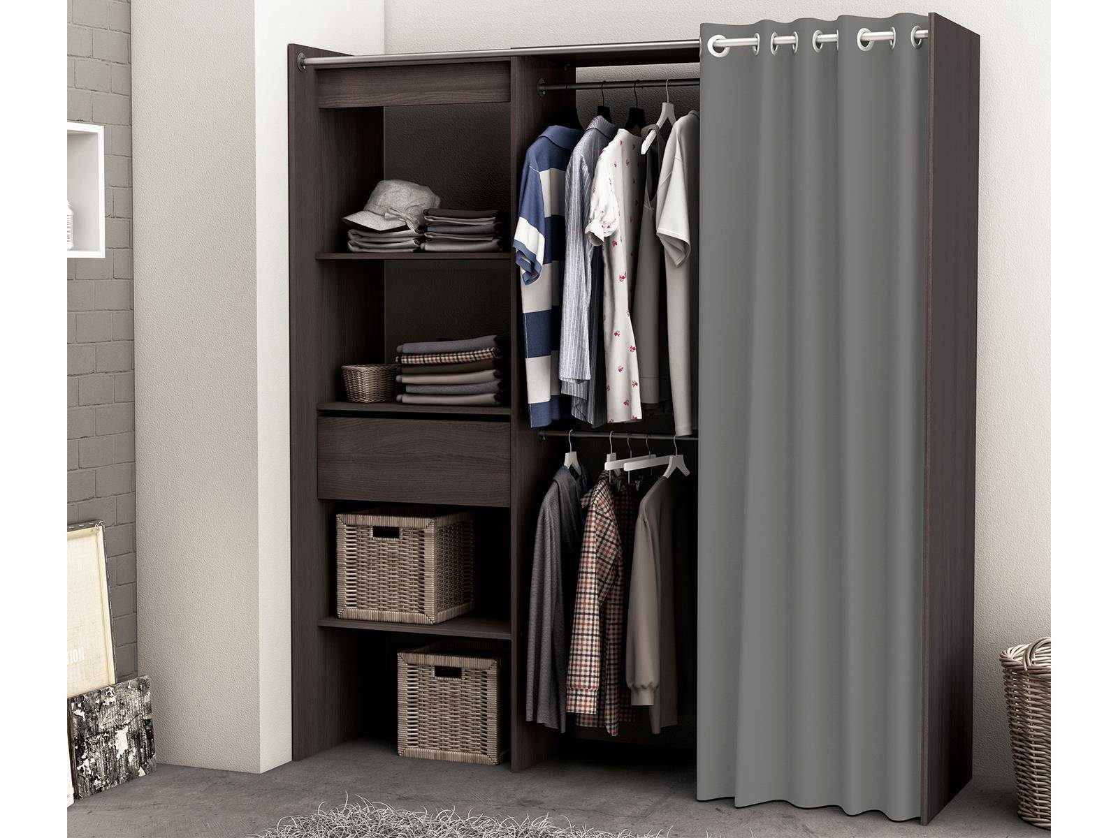 % cm möbelando 3 Höhe I" in 114/168,2 Eiche Kleiderschrank 100 50 Kleiderschrank Polyester, Ausziehbarer 1 Schublade Breite cm, festen 187 Spanplatte, und mit cm, Vulcano Clara aus 2 "Clara Kleiderstangen. Tiefe Einlegeböden, Vorhang Vulcano-Eiche