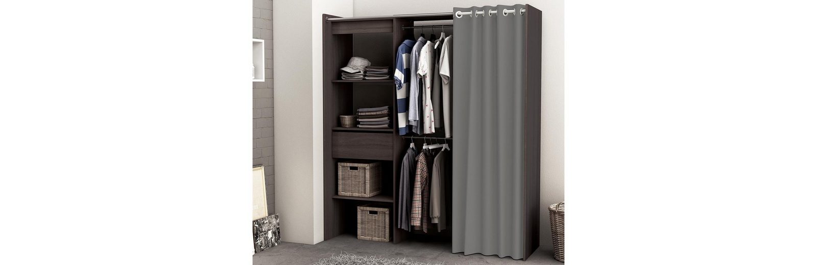 möbelando Kleiderschrank »Clara« Ausziehbarer Kleiderschrank "Clara I" aus Spanplatte, Vorhang