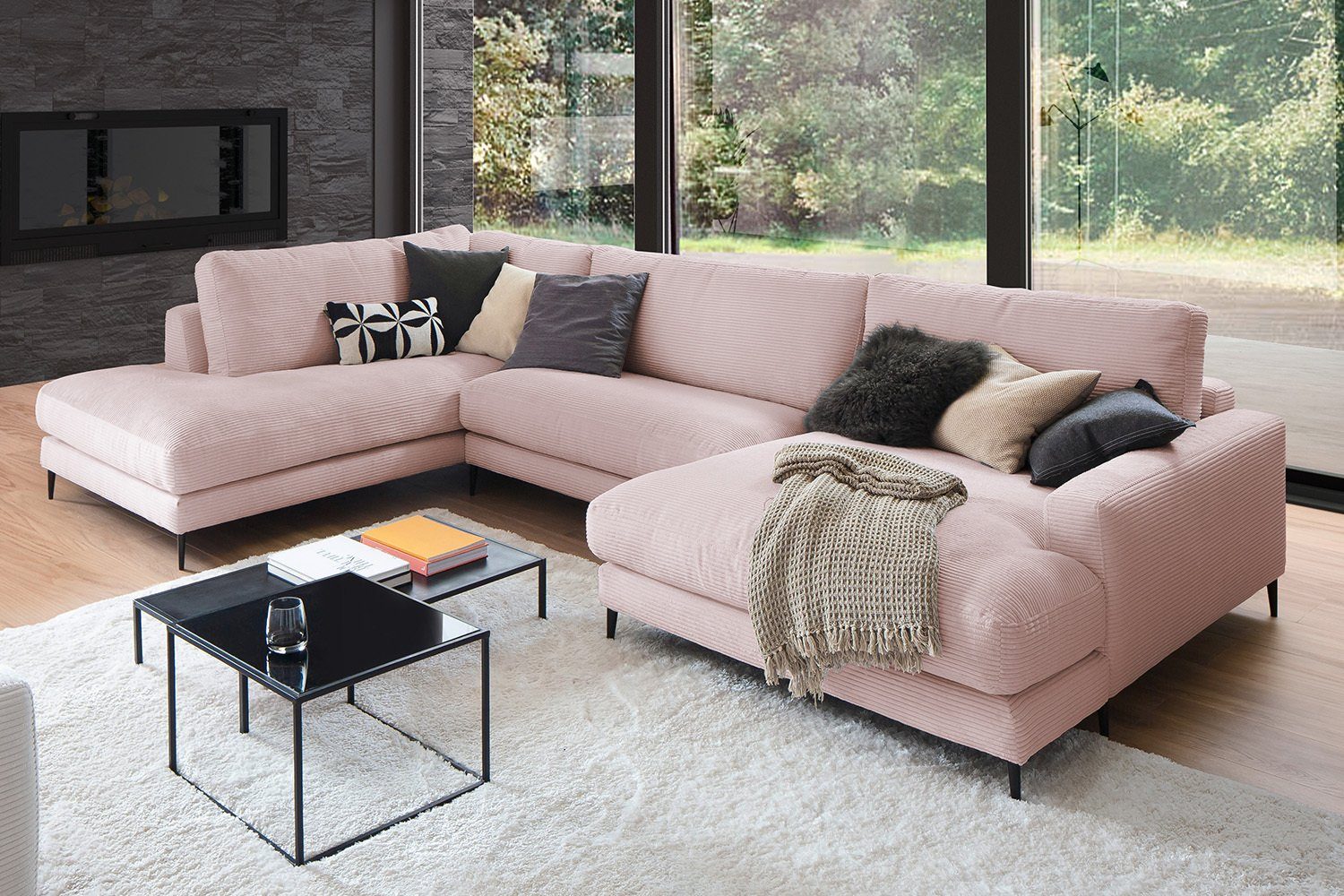 links, CARA, rosa od. Cord, Longchair Sofa rechts Wohnlandschaft U-Form KAWOLA versch. Farben