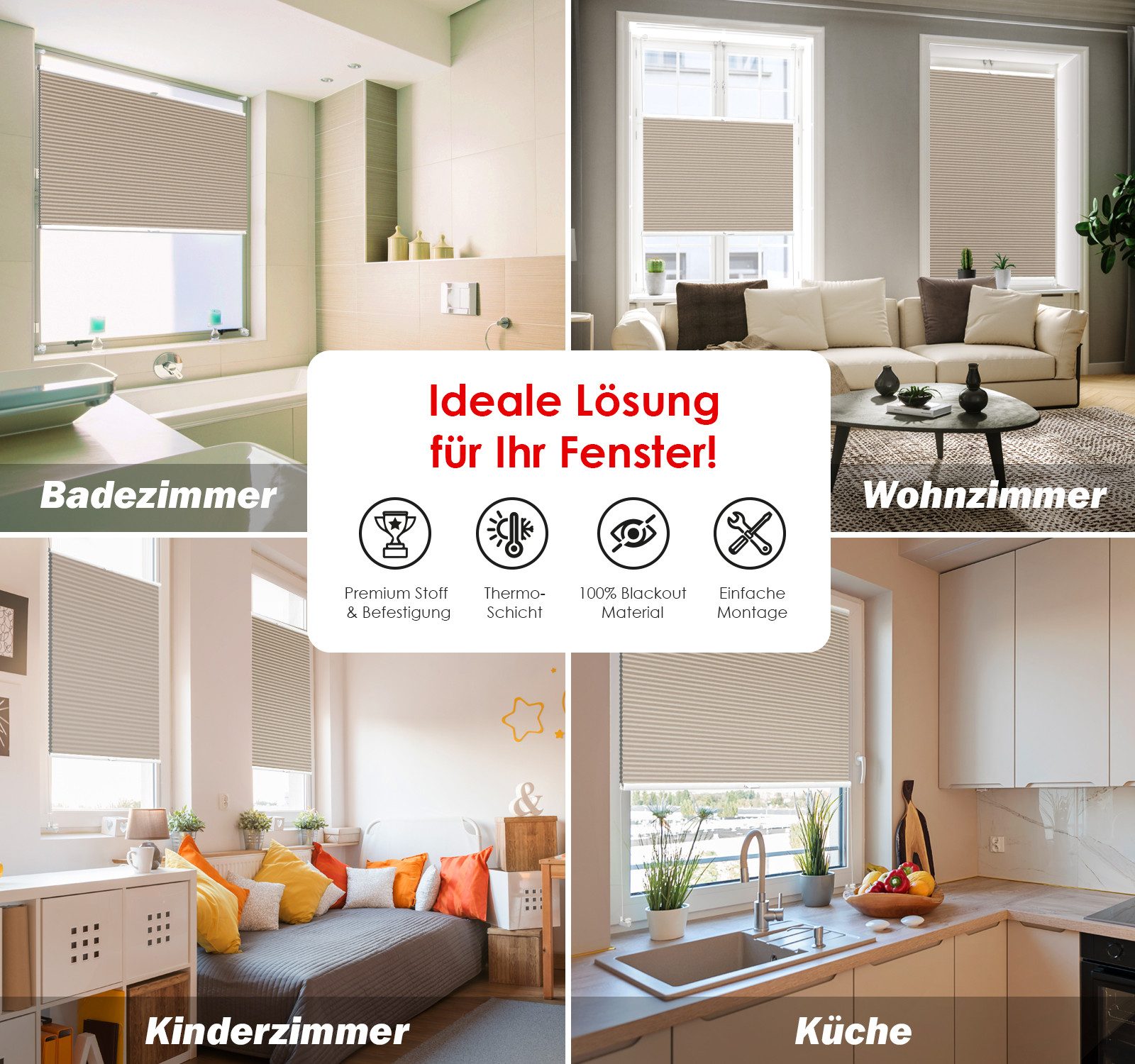 DomDeco Wabenplissee Thermo Plissee ohne Bohren - Hitzeschutz, Verdunkelung, verspannt, abdunkelnd, Klemmfix, stufenlos, kälteschutz, modernes Fensterplissee