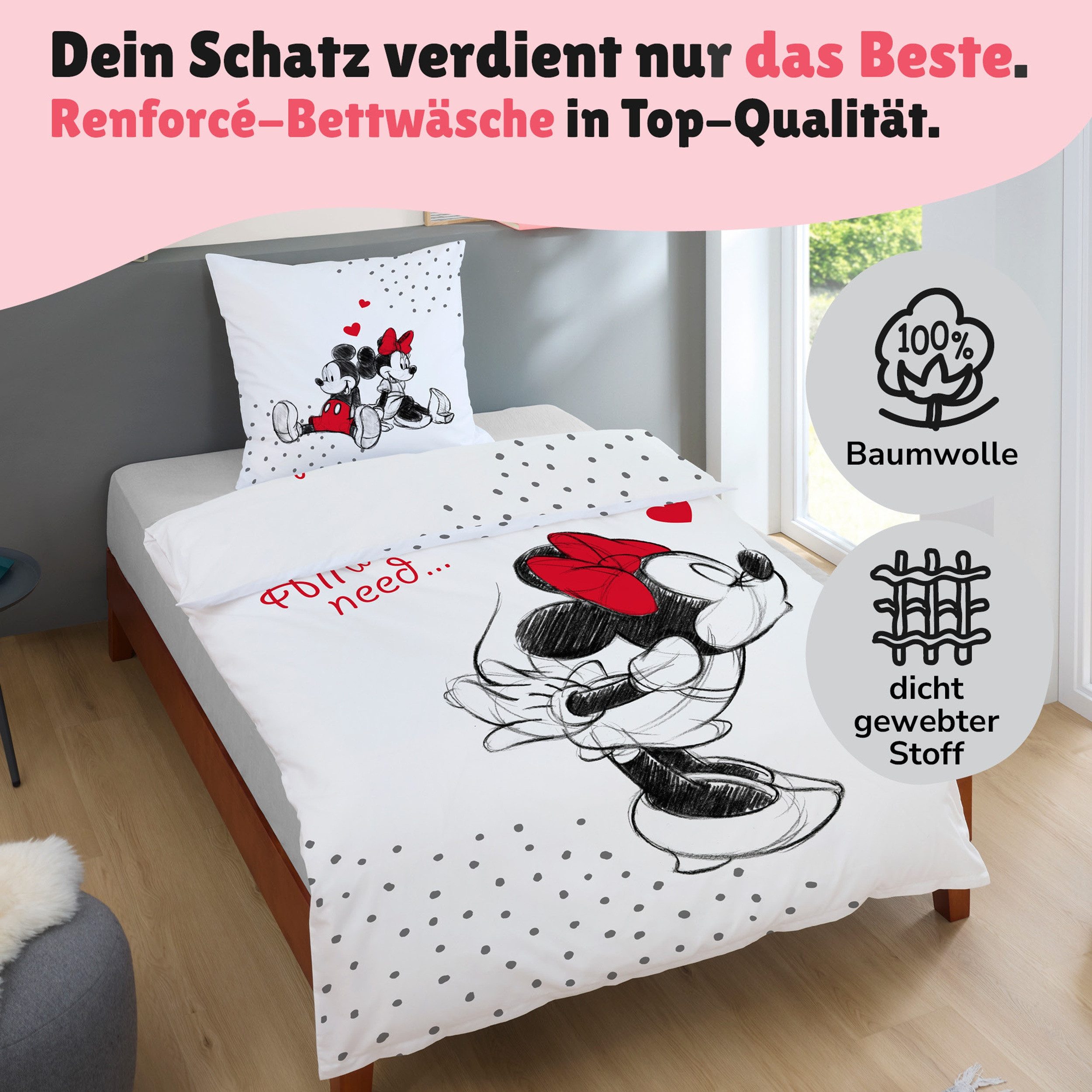 Familando Partnerbettwäsche Mickey & Minnie Mouse 2-teilig 135x200 80x80 cm aus 100% Baumwolle, Renforcé, 2 teilig, mit Liebesspruch über zwei Seiten – Bild 5 von 5