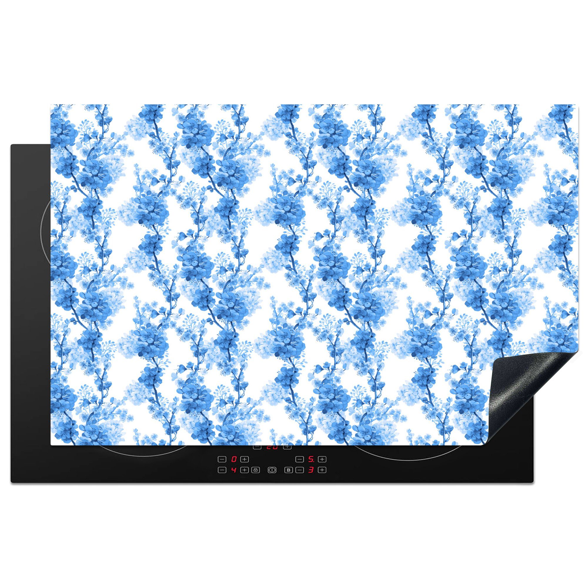 Induktionskochfeld für cm, - Herdblende-/Abdeckplatte (1 MuchoWow tlg), Blüte küche, Muster Ceranfeldabdeckung 81x52 - Blau, die Vinyl, Schutz Blumen -