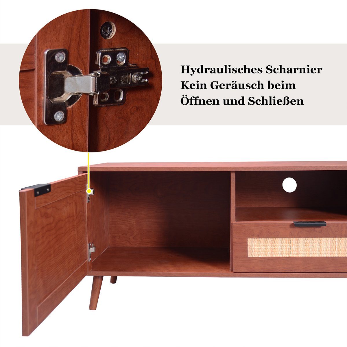 XDeer TV-Schrank Holz-TV-Schrank mit 200*37*49cm und TV-Ständer Stabiler Wohnzimmer Rattandesign stilvolle Echtholzfüßen für