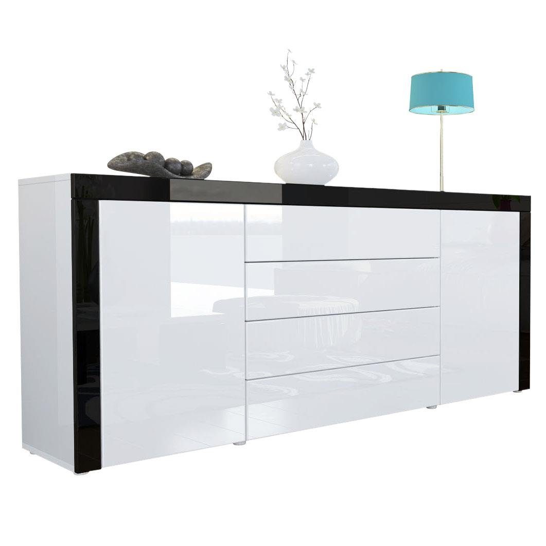 Vladon Sideboard La Paz V1 (Kommode, mit 2 Türen und 4 Schubladen), Weiß Hochglanz / Schwarz Hochglanz (167 x 72 x 35)