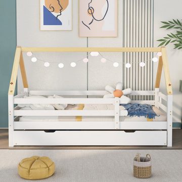 WISHDOR Kinderbett Ausziehbett Einzelbett Massivholz Baumhausbett (weißes Bett, naturfarbener Dachstuhl (90x200cm), mit Rollen unten