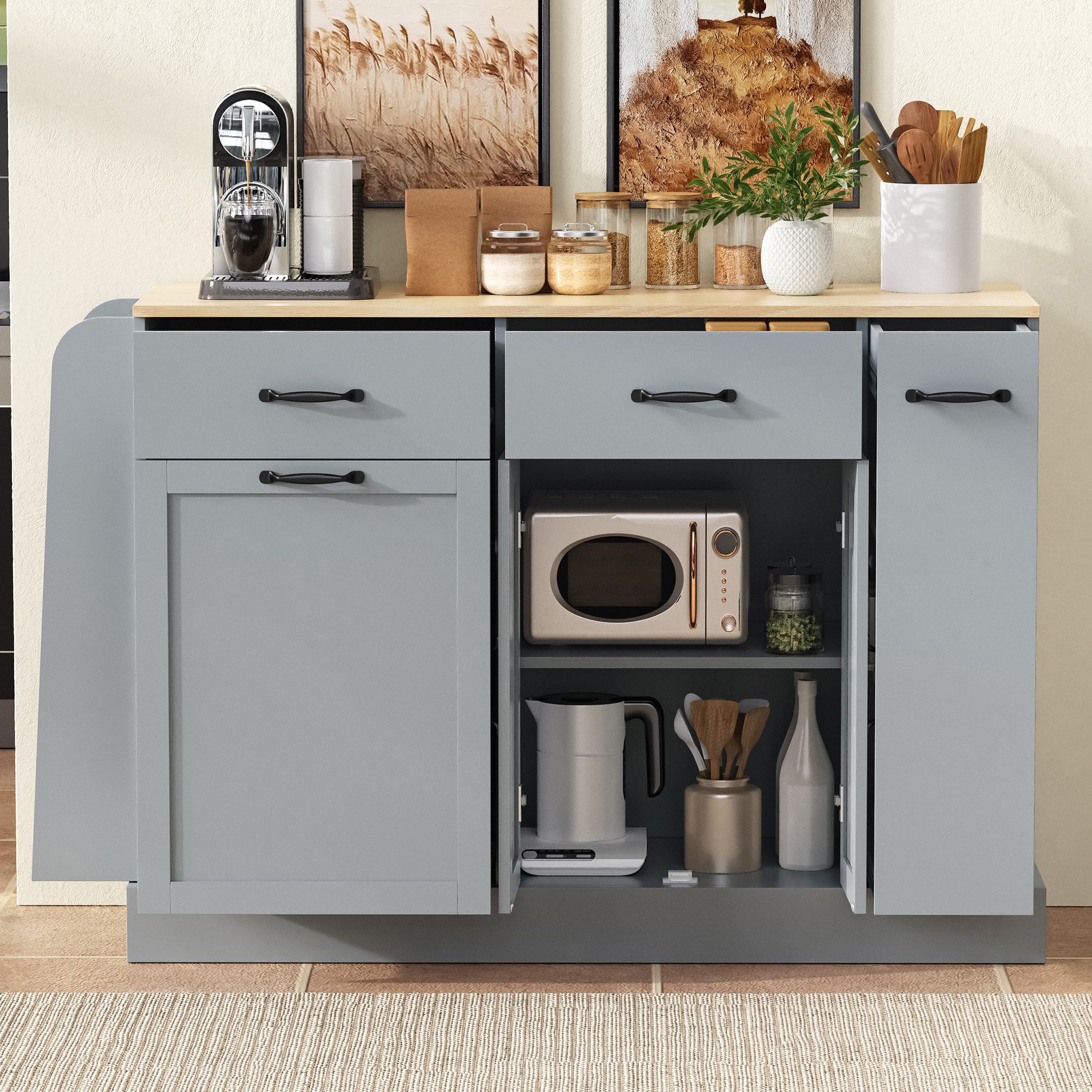 BlingBin Sideboard Buffetschrank mit Schubladen und Abfallbehälterfach, Küchenschrank (1er Set, 1 St., Produktgröße: 133.5 × 40 × 86 cm, Gewichtskapazität: 60kg), Beistellschrank mit externer Gewürzregal für Esszimmer, Küche, Grau