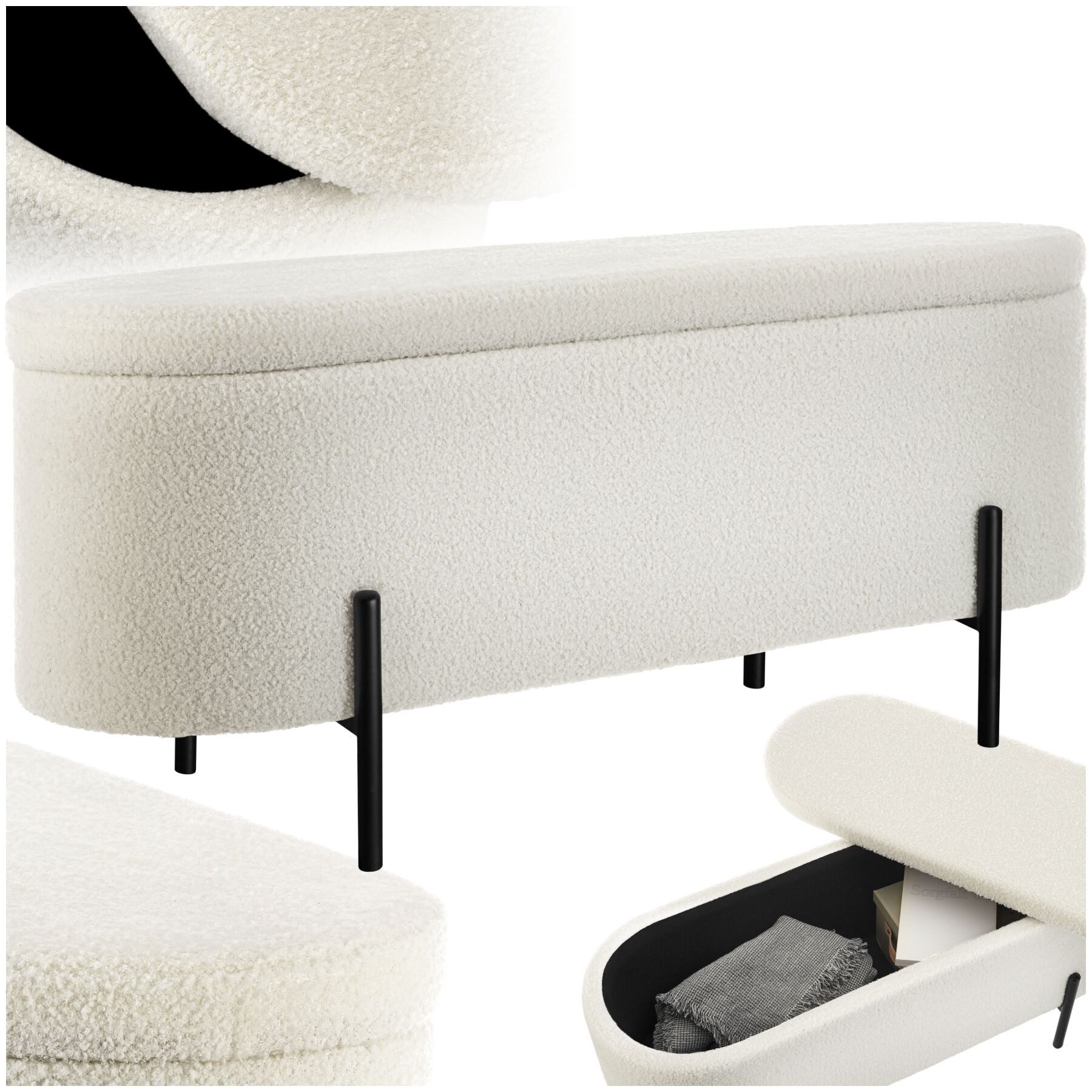 tectake Bank Sitzmöbel, Maße: 96 x 36 x 43 cm, mit Bouclé-Stoff und Polsterung (Esszimmersitz Lanja, in Bouclé creme-weiß), Großes Staufach, schlanke bodenschonende Stahlbeine, bis 150 kg