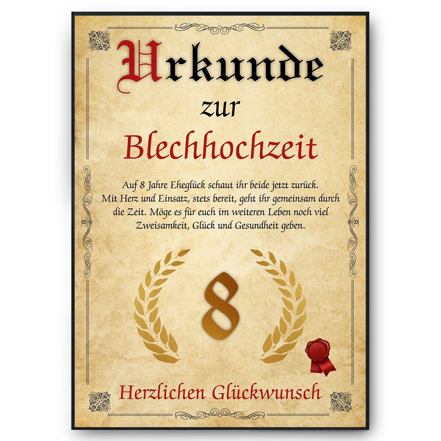 Poster Urkunde zum 8. Hochzeitstag Geschenk 8. Jahrestag Karte Ehepaar