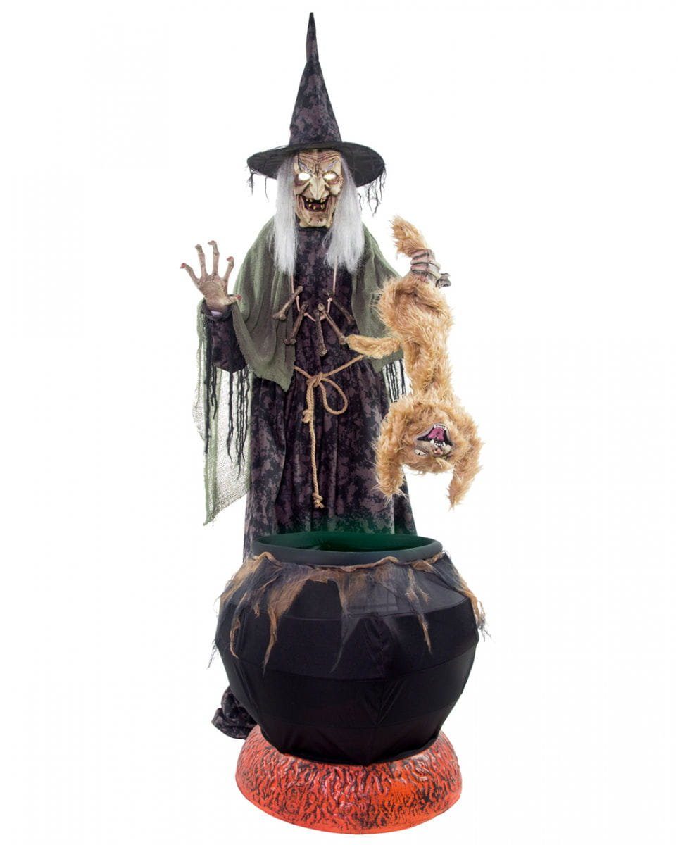 Horror-Shop Dekofigur Walpurgisnacht Hexe mit Katze & Hexenkessel als Ha