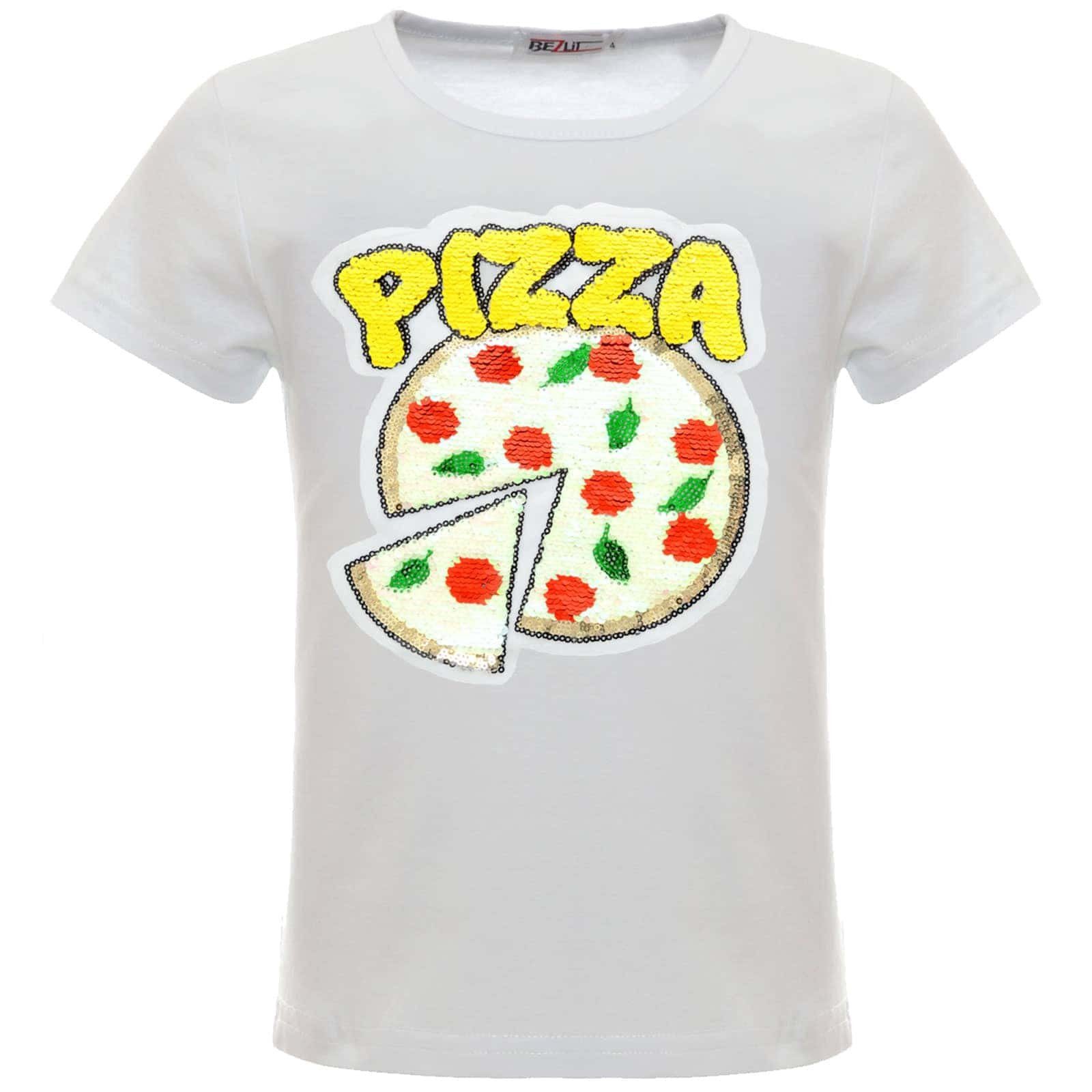 BEZLIT Paillettenshirt Mädchen T-Shirt Wende Pailletten mit PIZZA Motiv (1-tlg) mit Wendepailletten Weiß
