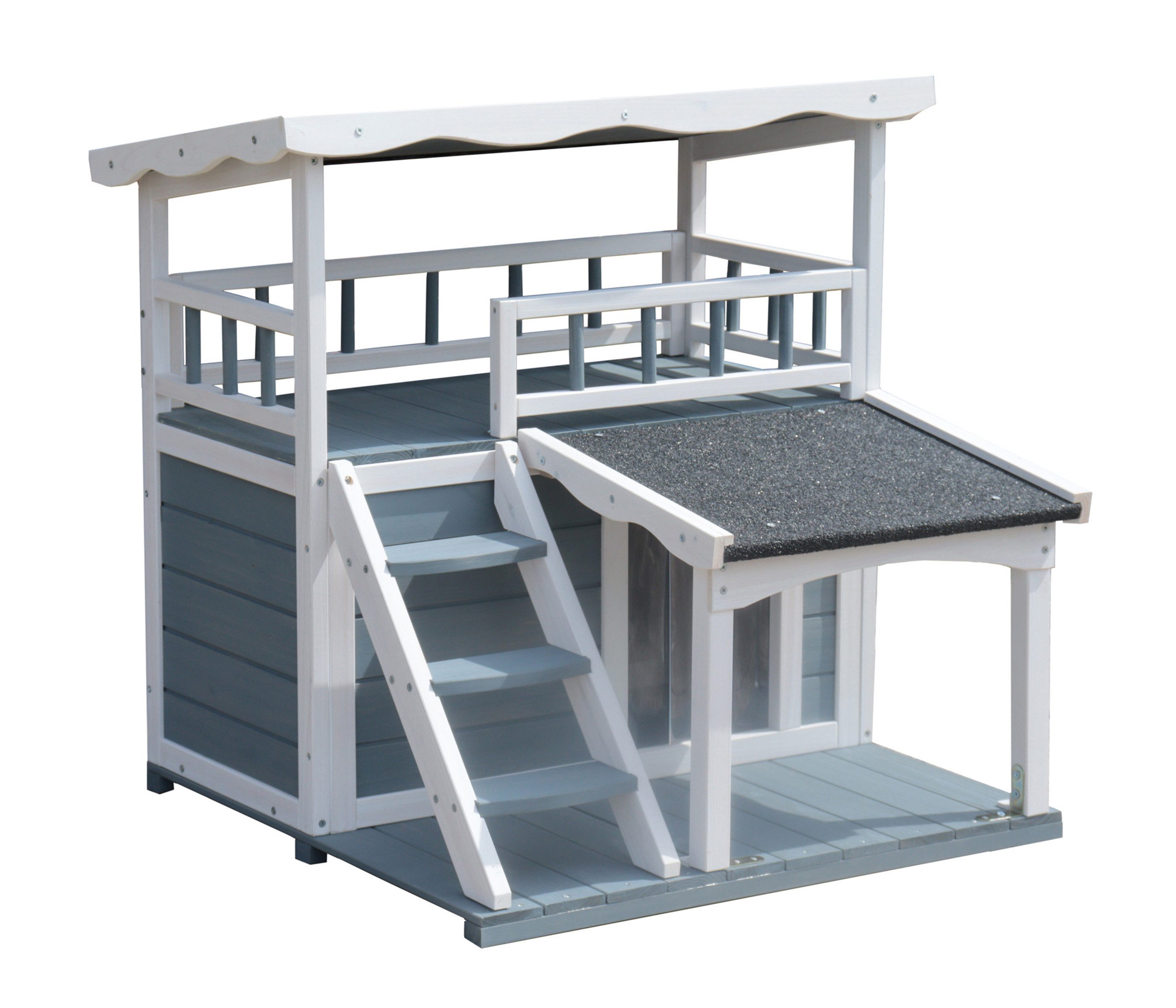 Dehner Tierbett Katzenhaus Maison Katzenhütte Outdoor, ca. 78 x 75 x 73 cm, grau/weiß, Hütte für Katzen aus robustem Tannenholz