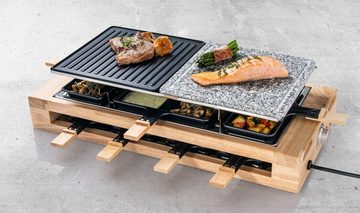 bestron Raclette ARG300BW XL Bambus, 8 Raclettepfännchen, 1500 W, Naturstein- & antihaftbeschichtete Grillplatte, inkl. Pfännchen-Set