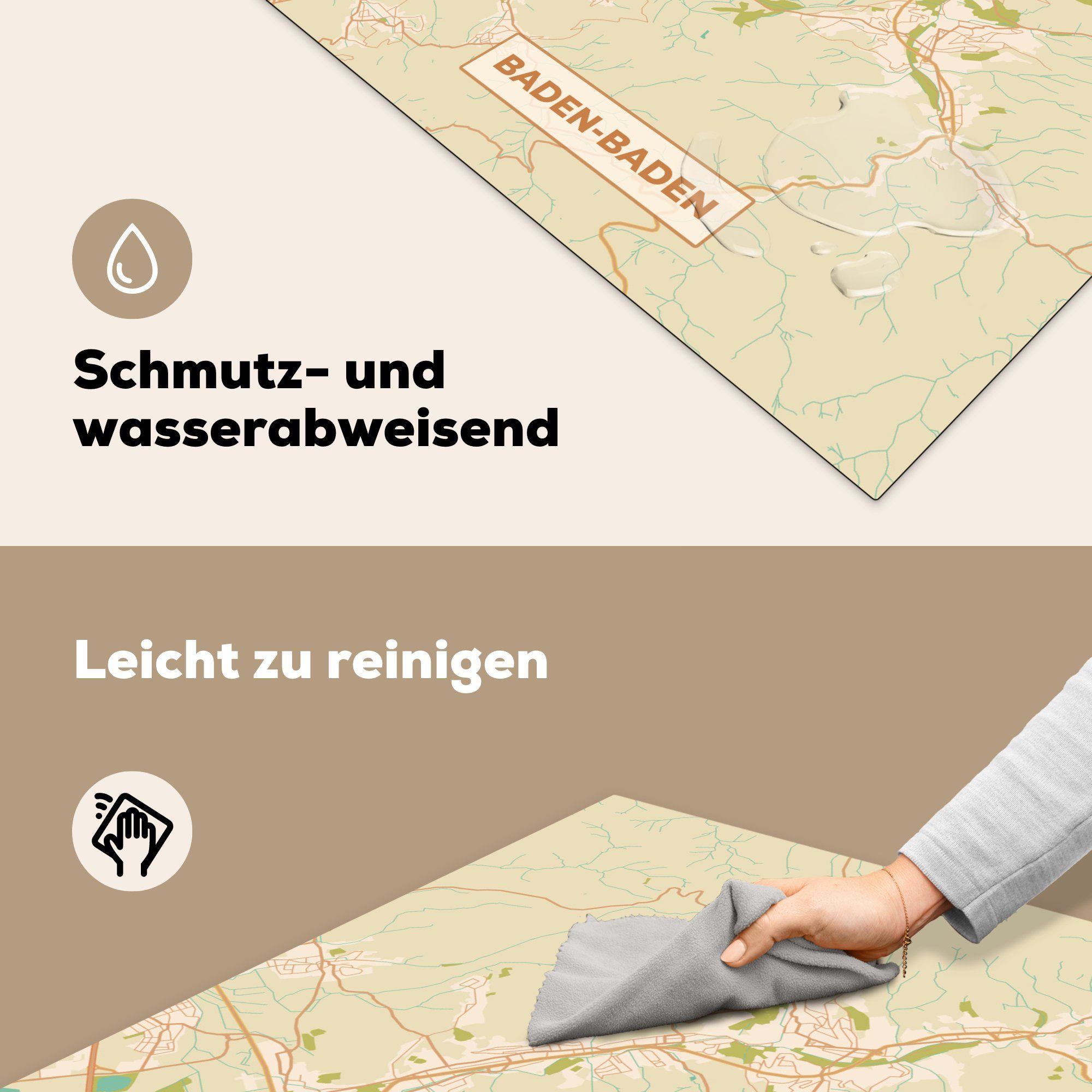 (1 - - 78x78 Stadtplan, Vinyl, MuchoWow Arbeitsplatte Karte Herdblende-/Abdeckplatte Ceranfeldabdeckung, tlg), - für Baden-Baden Vintage cm, küche
