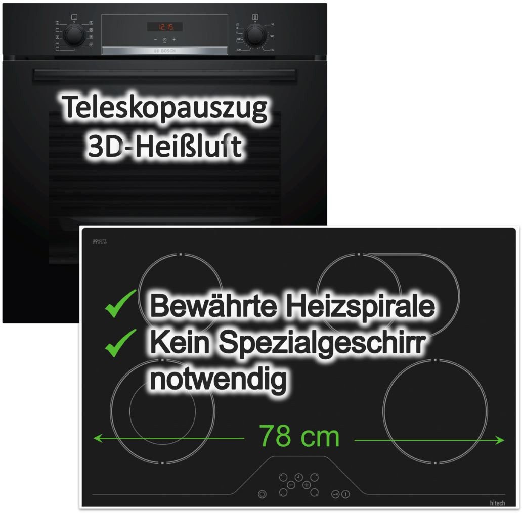 BOSCH Backofen-Set Glaskeramik 78 cm Hydrolyse 3D-Heißluft Pizzafunktion Schwarz, mit 1-fach Teilauszug, Hydrolyse
