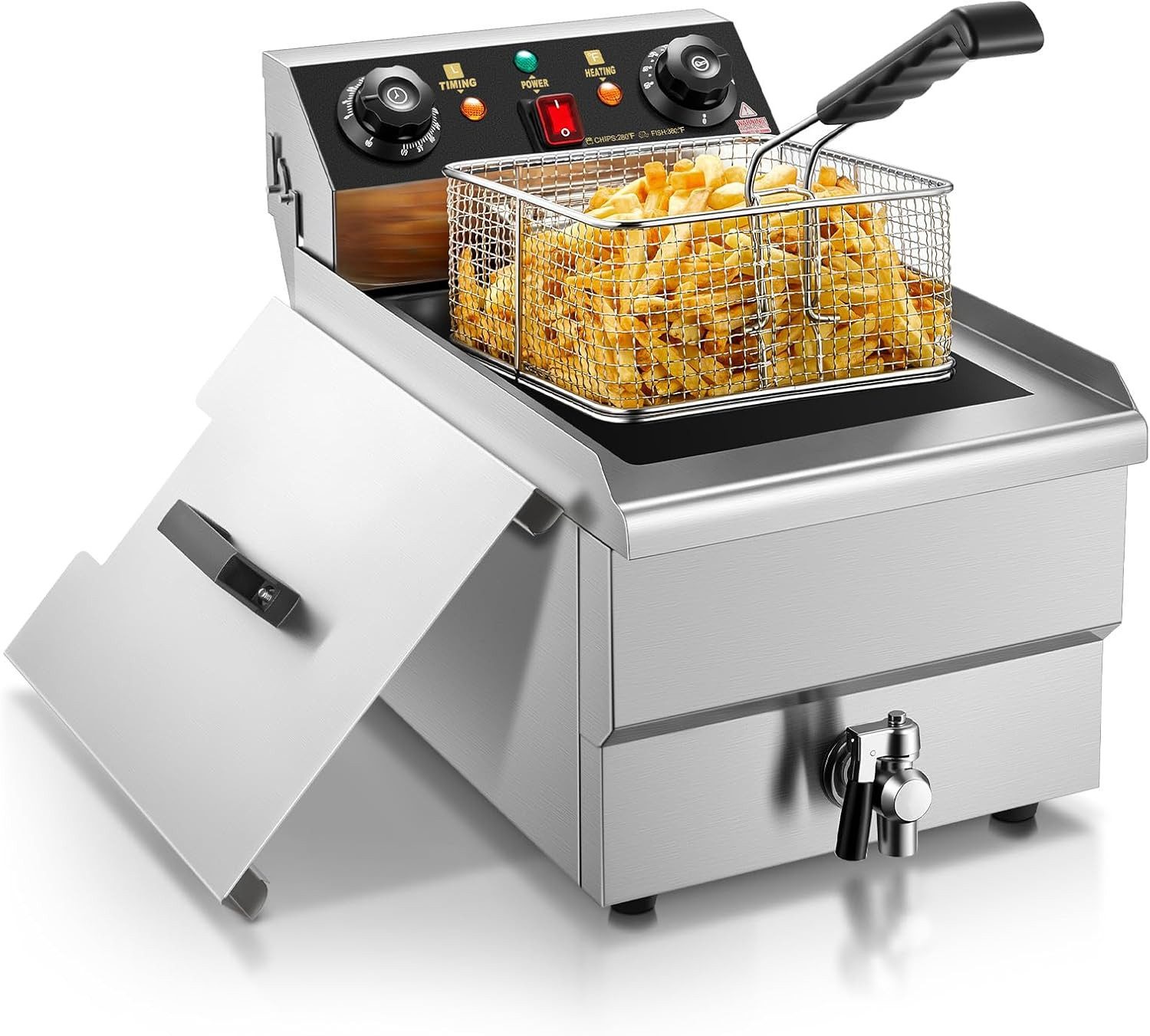 FOHERE Kaltzonenfritteuse 11L Elektrofritteuse mit Ölablass, Profi-Fritteuse mit Korb & Deckel, 3000 W