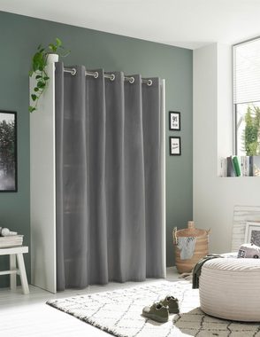 möbelando Kleiderschrank Jill Verstellbarer Kleiderschrank aus Spanplatte in Weiß, Vorhang aus 100% Polyester in Grau mit 4 Konstruktionsböden, 2 Einlegeböden und 1 Kleiderstange. Breite 120-157 cm, Höhe 195 cm, Tiefe 50 cm