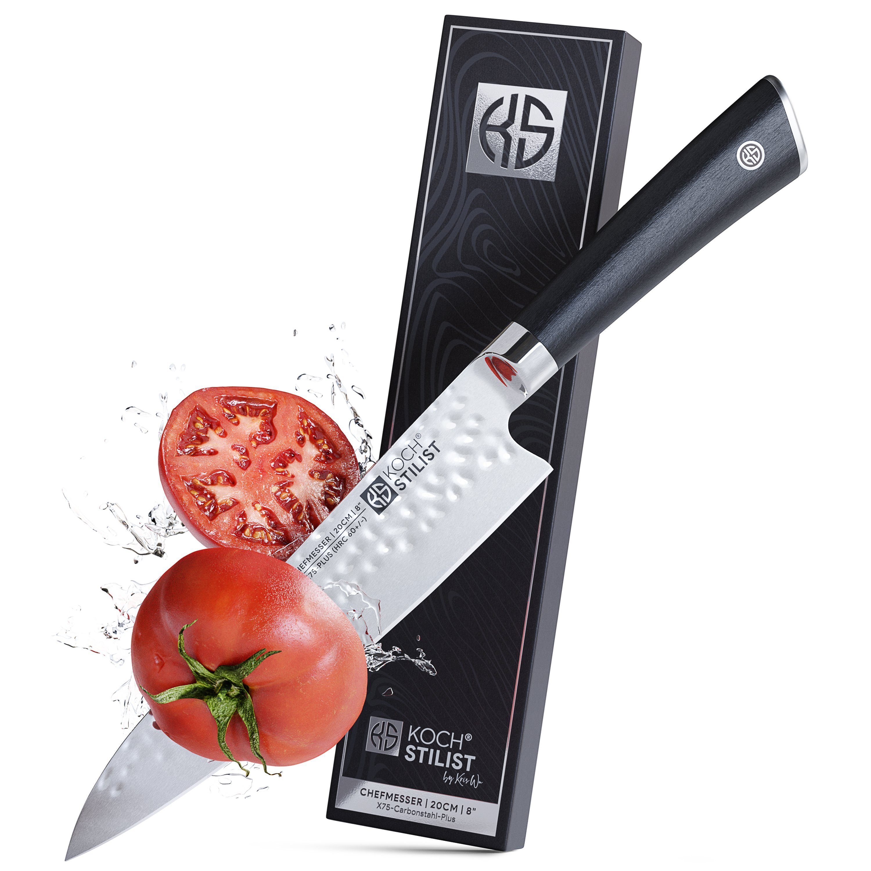 KOCHSTILIST by Kris Wu Kochmesser Premium, extra scharf, 20 cm - hohe Schneidleistung im edlen Design, Küchenmesser, Japan, Chef, Messer, Damast, Set, Schwarz, Holzgriff