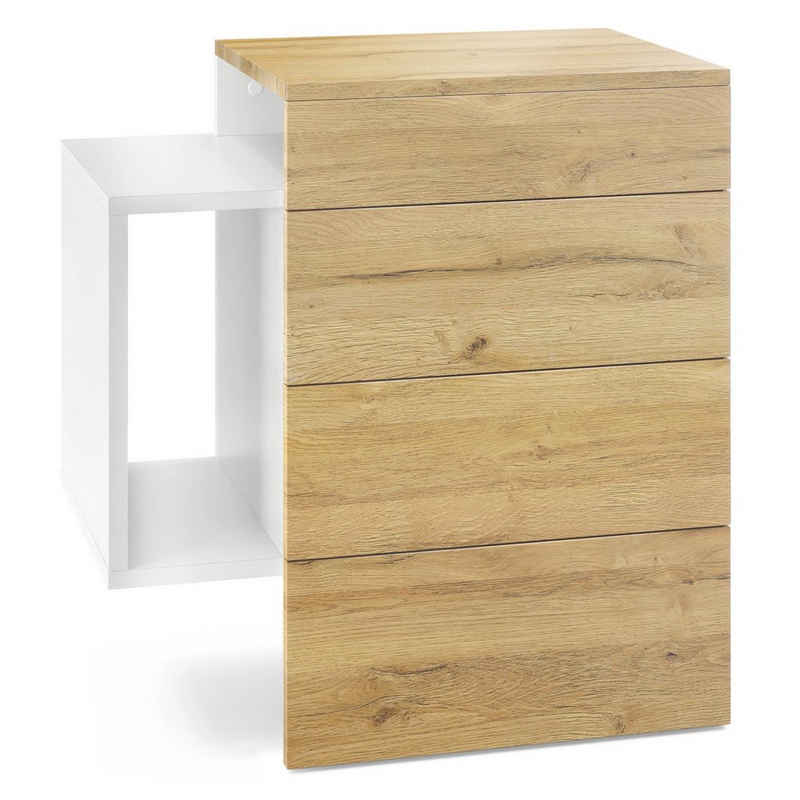 Vladon Nachttisch Queens (Nachttischschrank mit 2 Schubladen, und 1 seitlichem Fach zur Wandmontage), Weiß matt/Eiche Natur (60 x 63 x 36 cm)