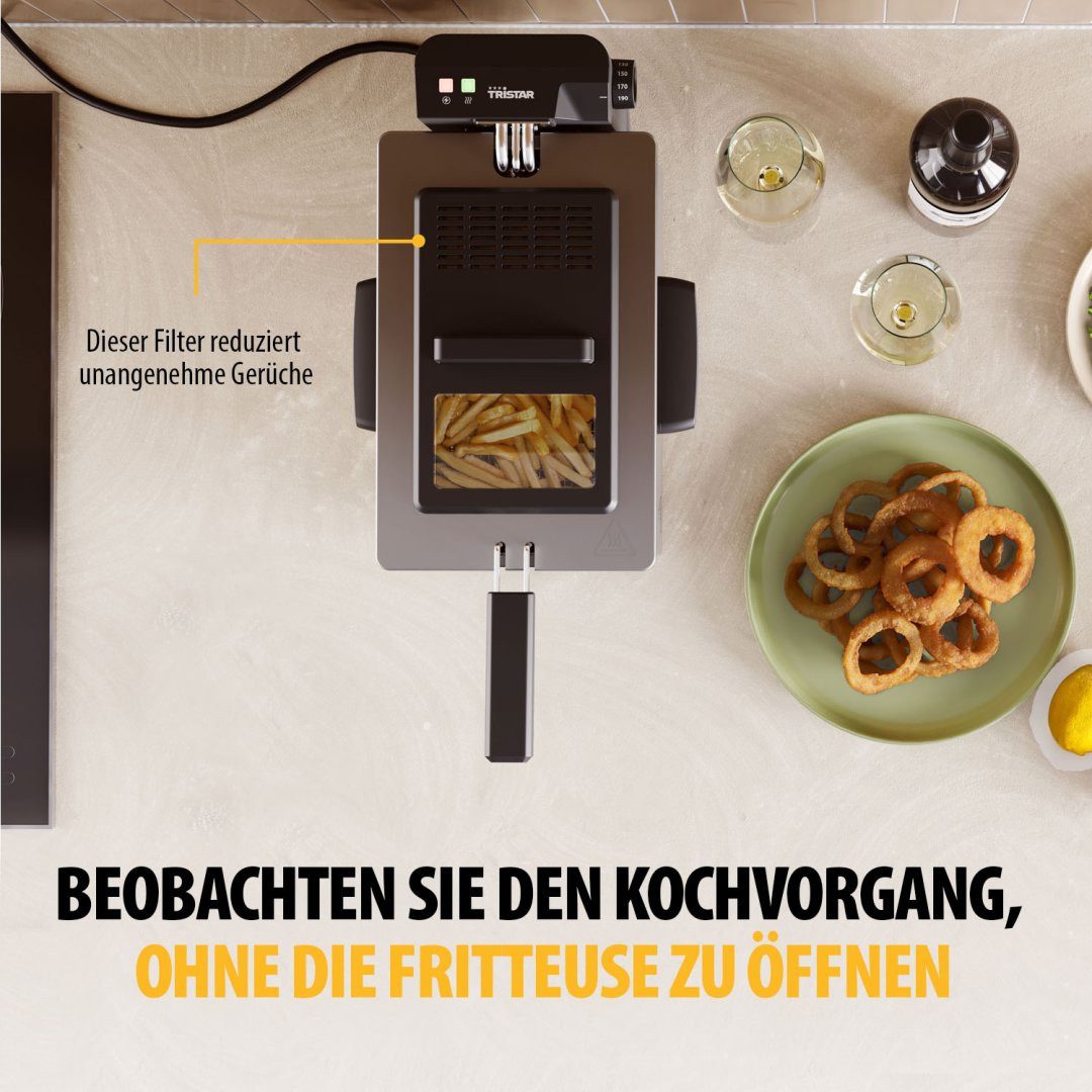 Tristar Fritteuse FR-9327, 2000 W, Edelstahl-Gehäuse, 3L, 190°C, Kaltzone, Cool-Touch-Gehäuse