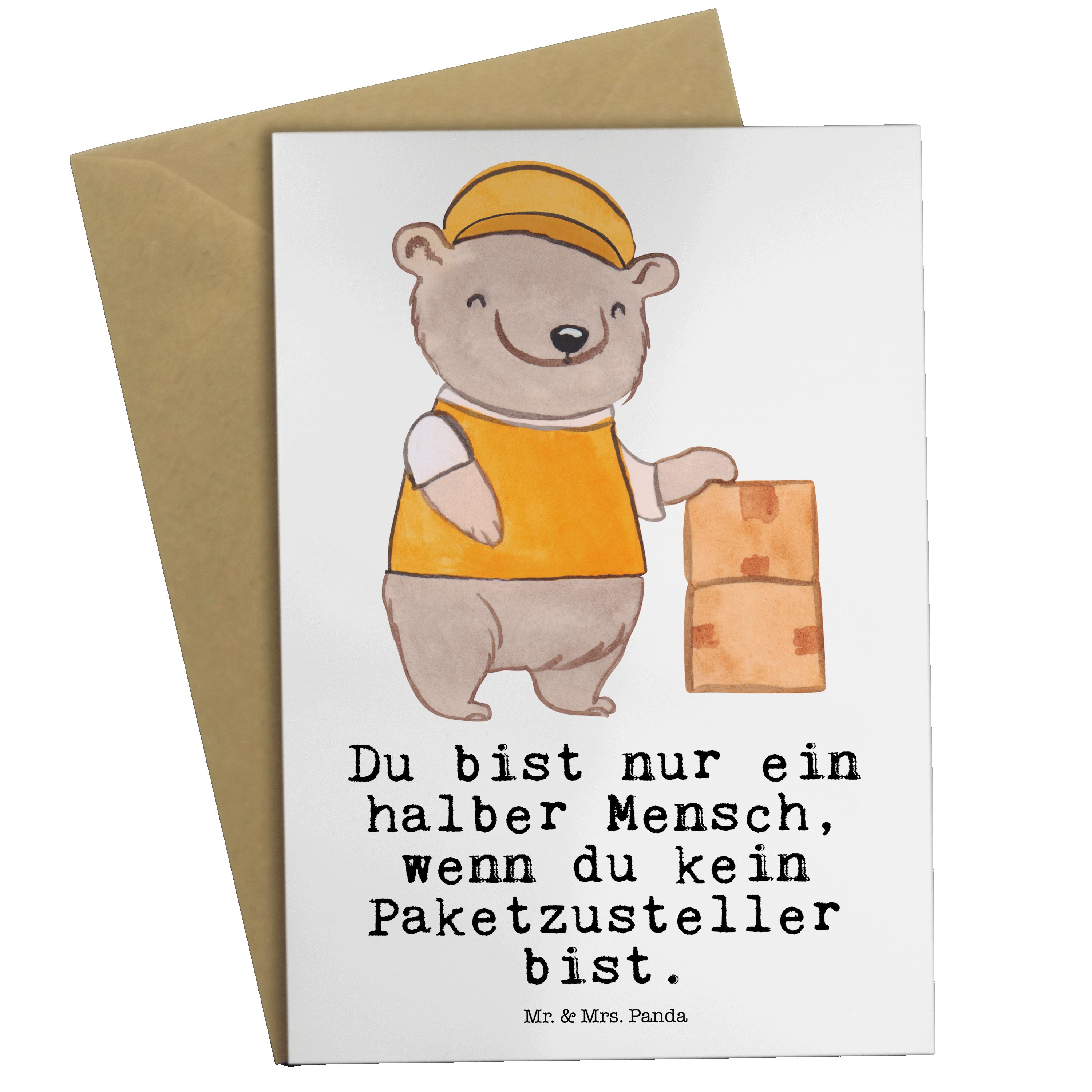 Mr. & Mrs. Panda Grußkarte Paketzusteller mit Herz - Weiß - Geschenk, Einladungskarte, gut gelau | Grußkarten