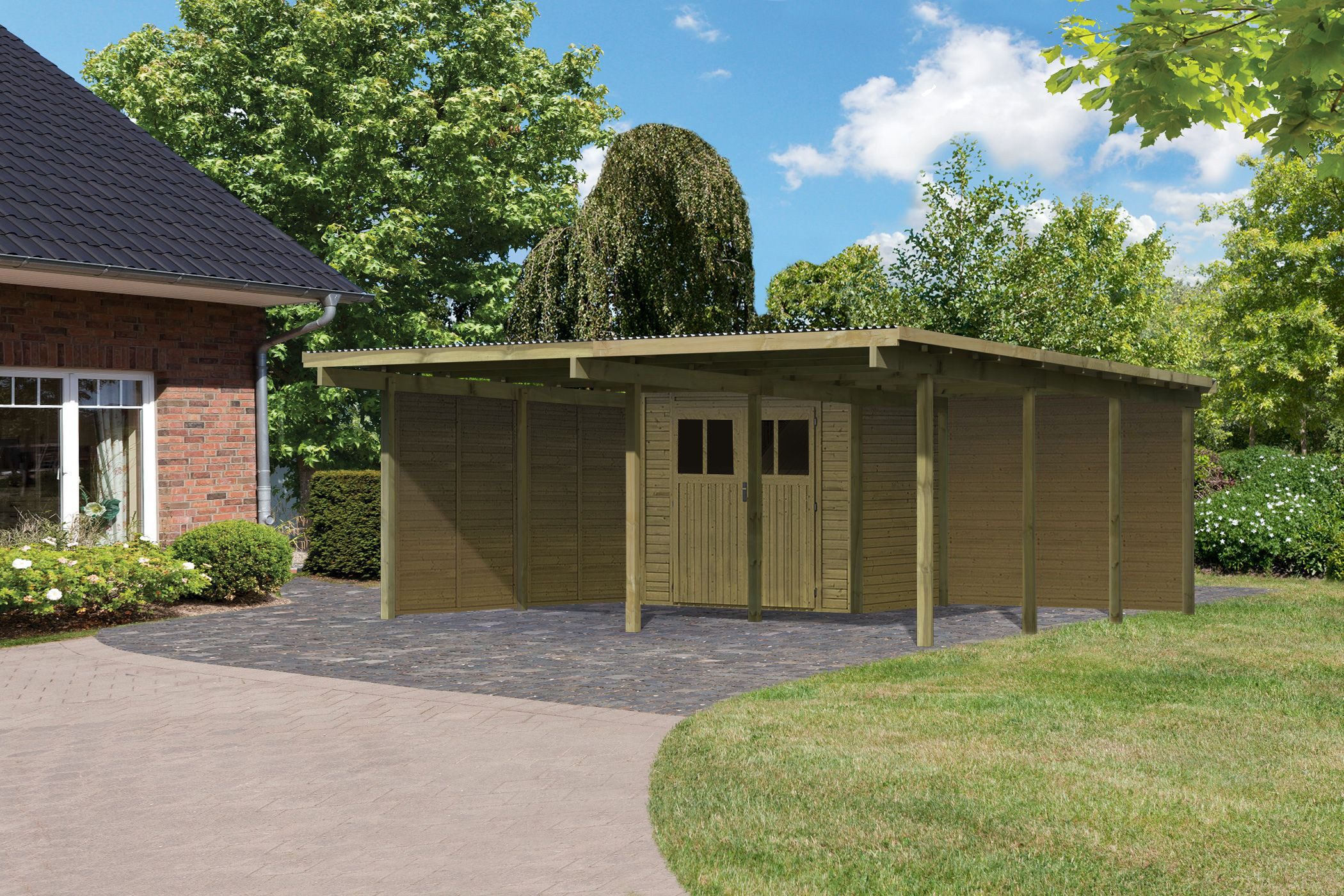 Karibu Doppelcarport »ECO 2« Variante B, AKTION kdi, BxT: 527x576 cm, 206 cm Einfahrtshöhe, (Set), mit integriertem Abstellraum klein, 2 Seitenwänden und 1 Rückwand