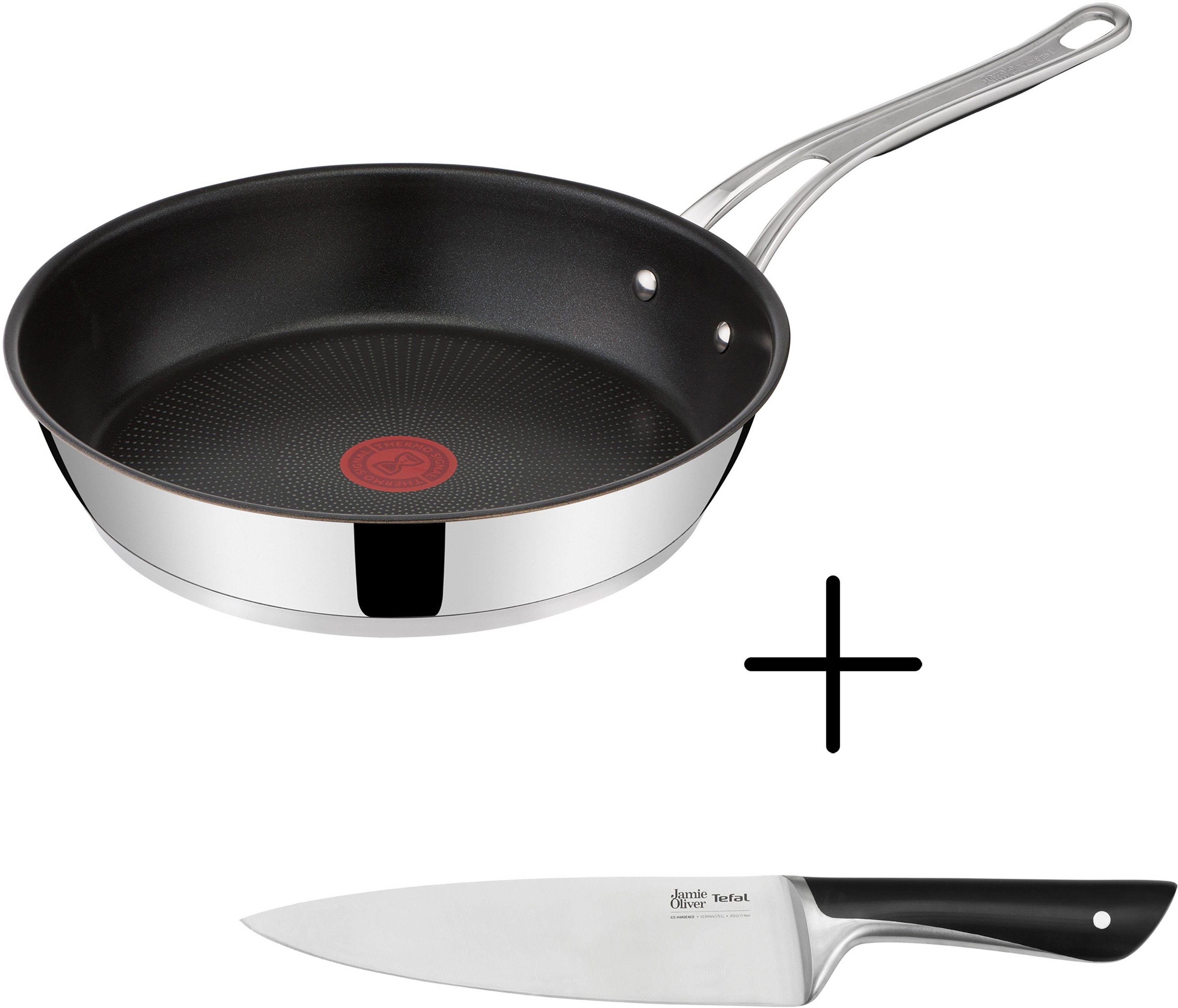 Tefal Bratpfanne Jamie Oliver Cooks Classic + Jamie Oliver Kochmesser,  Edelstahl (Set, 2-tlg., Jamie Oliver Cooks Classic Bratpfanne 28 cm + Jamie  Oliver Kochmesser), Set: Jamie Oliver Pfanne 28cm, Kochmesser 20cm,  Induktion