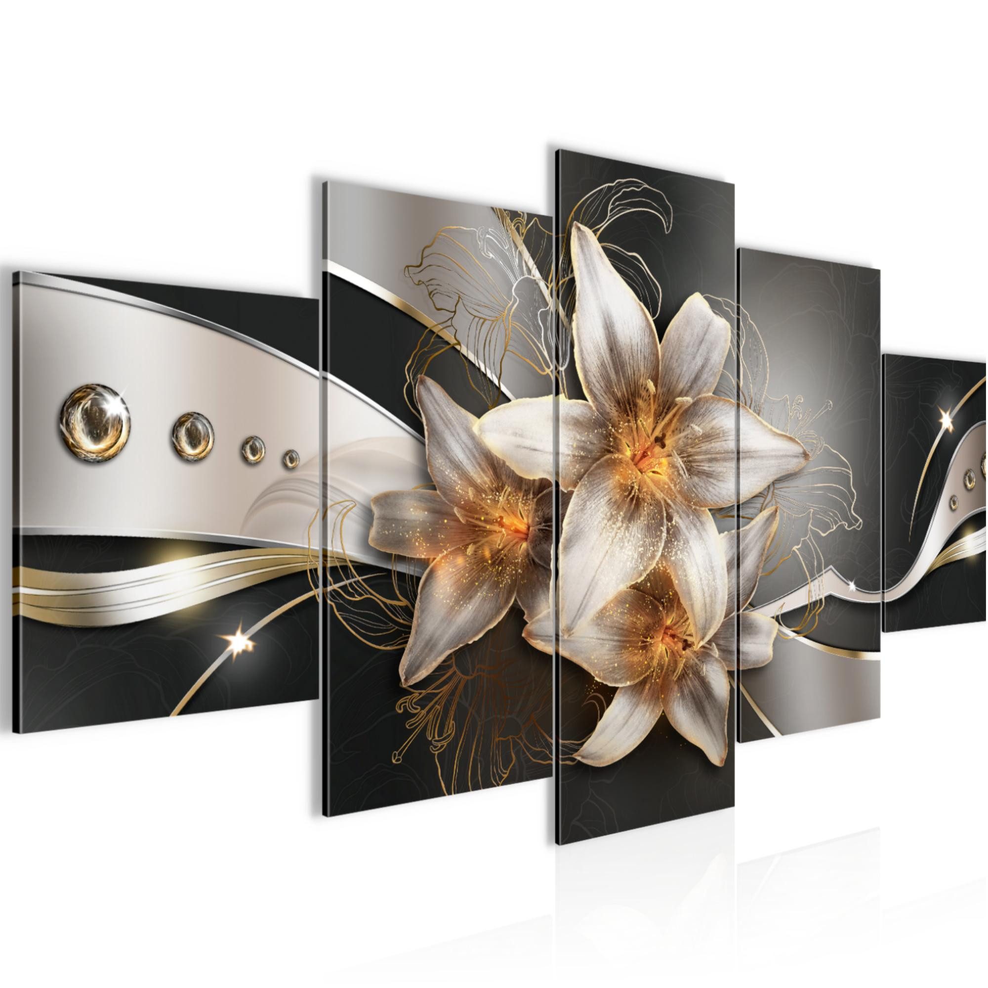 Runa Art Wandbild Bilder Blumen Lilien 5 Teilig Wanddekoration Design Gelb Gold 039651a, 200L x 100B cm