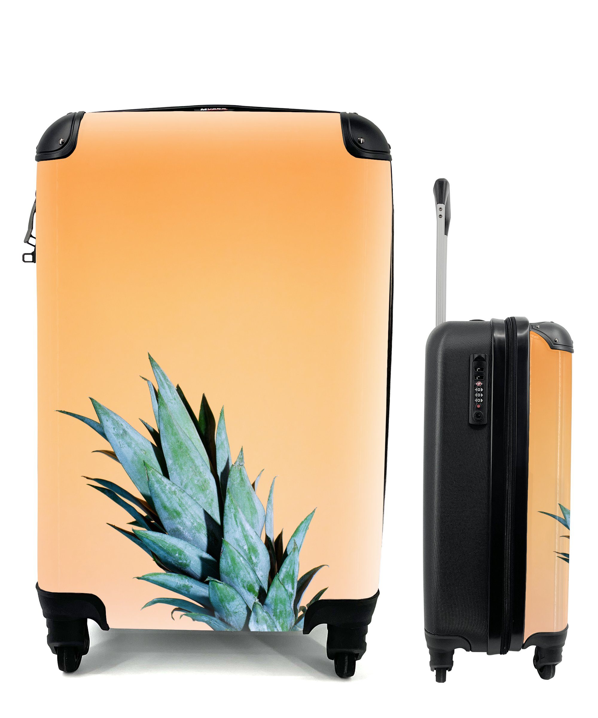 Orange, MuchoWow Obst Handgepäck Reisekoffer - Ananas Handgepäckkoffer mit Reisetasche Trolley, - Rollen, Ferien, für 4 rollen,