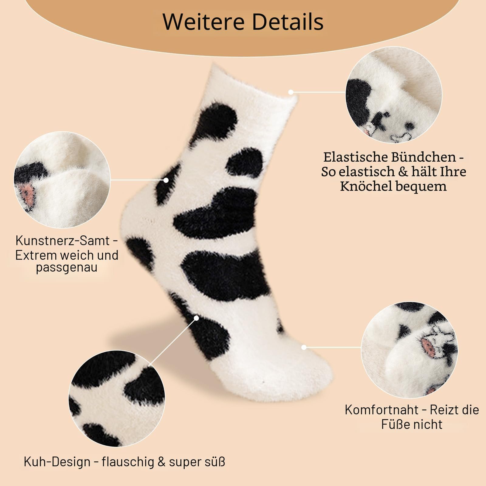 FOUORTUNATE-BEE Socken 4 Paar Damen-Kuschelsocken mit Kuh-Motiv (warme flauschige Wintersocken für Zuhause, 4-Paar, und als Geschenk für Mädchen und Frauen) – Bild 4 von 5