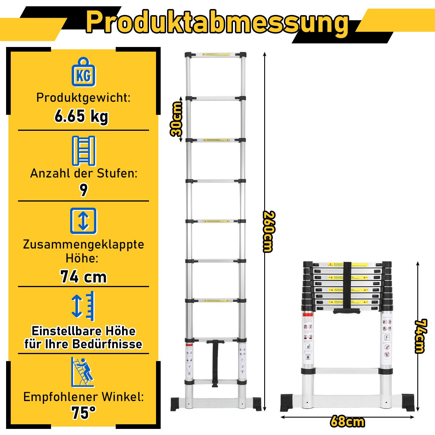 Clanmacy Teleskopleiter Aluminium Teleskopleiter 2,6M, Leiter Ausziehbar mit Stabilisator, Kla (Teleskopleiter,Anlegeleiter,Klappleiter,Schiebeleiter, Hochleist – Bild 2 von 5