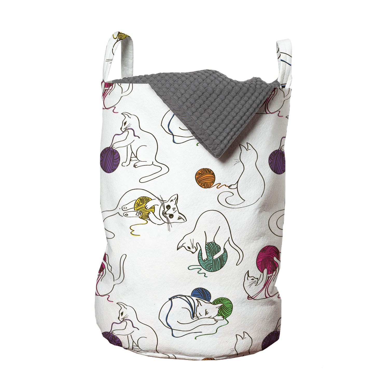 Abakuhaus Wäschesäckchen Wäschekorb mit Griffen Kordelzugverschluss für Waschsalons, Katze Bunte Garn-Bälle Haustiere