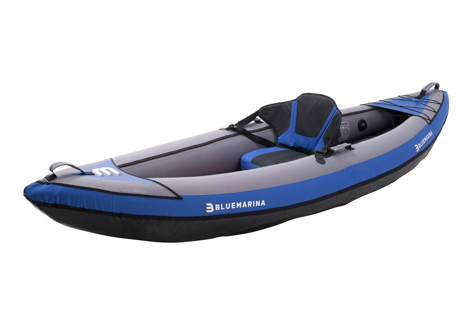 Bluemarina Kanu Aufblasbares Kajak Samoa 1 Sitzer, (bis 110 kg - robuste Finnen - 4 Tragegriffe - Fußpumpe - Transporttasche, 3-St., Luftkajak mit Paddel), Kajak - Kayak - Kanu - Schlauchboot - Angelboot