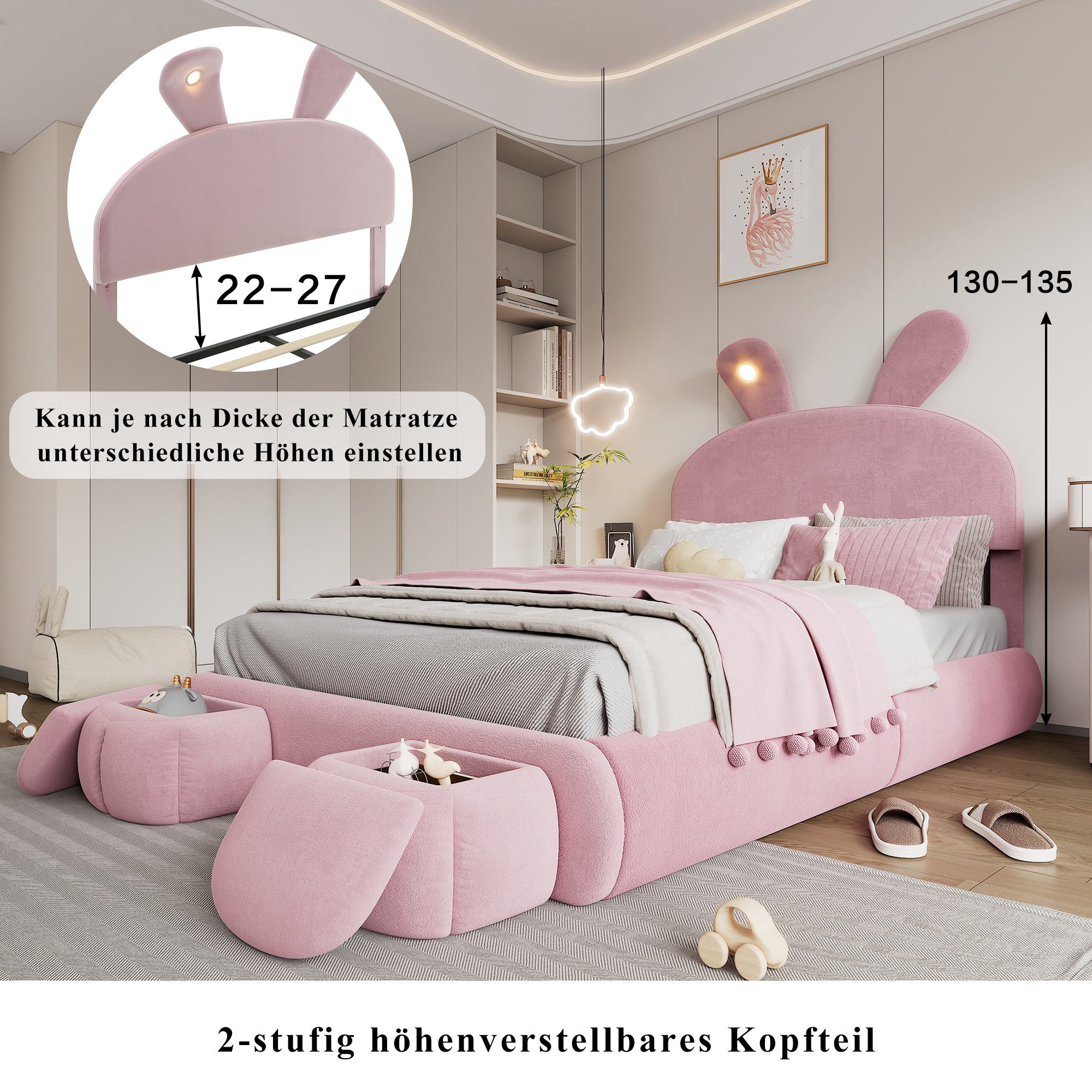 Flieks Polsterbett, LED Hydraulisches Bett 140x200cm mit Hasenohren Kopfteil und 2 Hockern