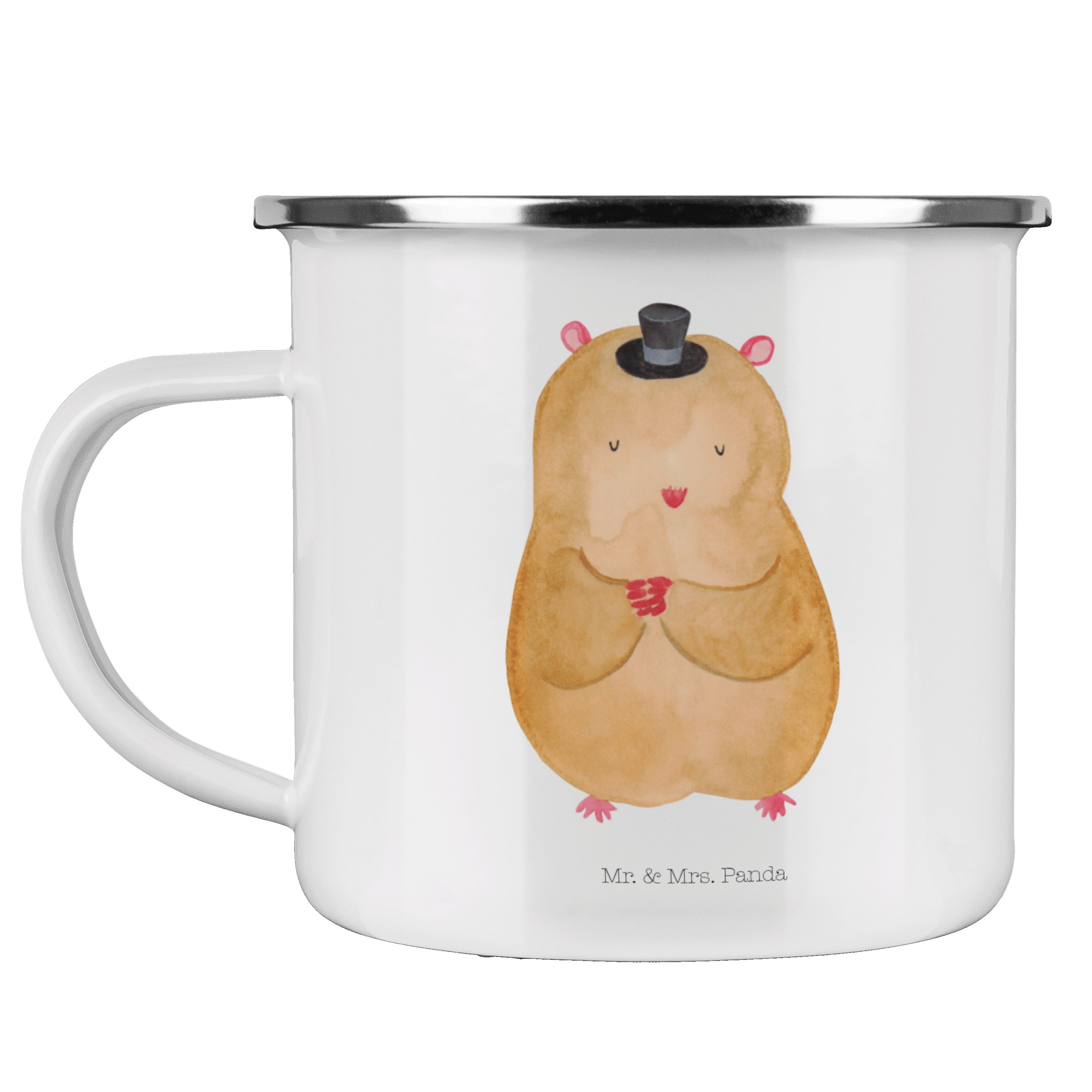 Hamster mit - Mrs. Panda Hut - Geschenk, Weiß Emaille, Becher Trinkbecher, Campingtasse, & Emaille Mr.