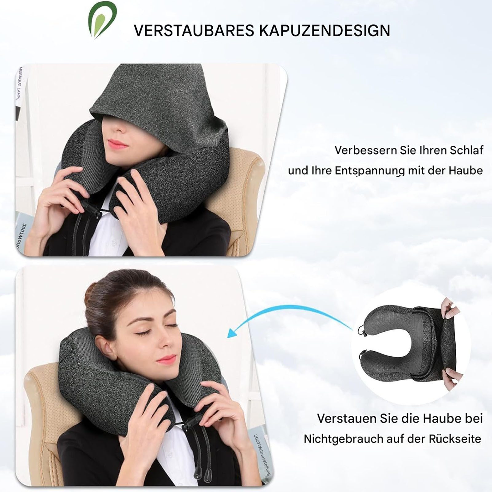 SURFOU Reisekissen Nackenkissen Flugzeug U-Form Nackenhörnchen Memory Foam mit Haube, Abnehmbarer, maschinenwaschbarer Kissenbezug, Verstellbare Kordel, Faltbares U-förmiges für optimale Nackenanpassung, Große Kapuze für effektiven Lichtschutz, mit Aufbewahrungstasche, Faltbares travel pillow,einfache Lagerung, ideal für Reisen & Schlaf, für Flugzeug, Auto, Zug, Büro