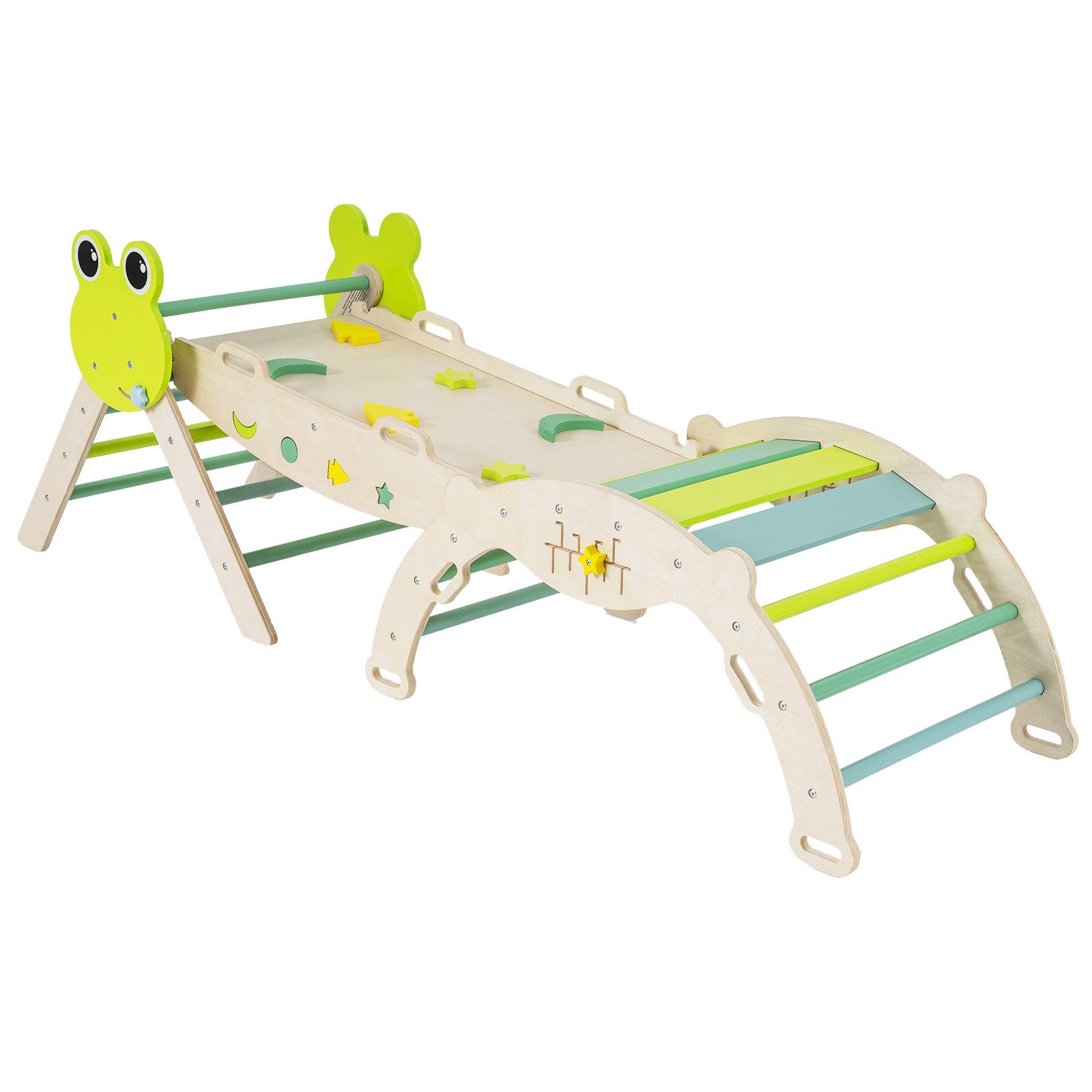 COSTWAY Klettergerüst, 7-in-1 Dreieck-Set mit Leiter & Bogen, Frosch-Themen