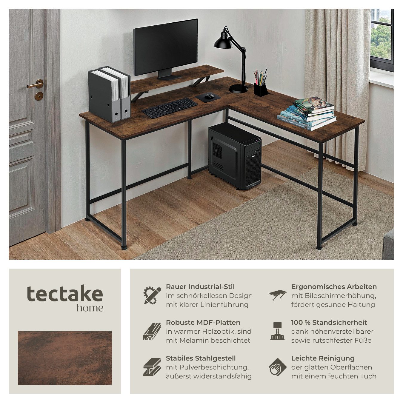 tectake Schreibtisch Gamingtisch mit verschiebbarem Monitoraufsatz, 140 x 130 x 76,5 cm (L-förmiger Computertisch mit Monitoraufsatz Melrose, 1-St., in Industrial Holz dunkel, rustikal), mit höhenverstellbaren Kunststofffüßen
