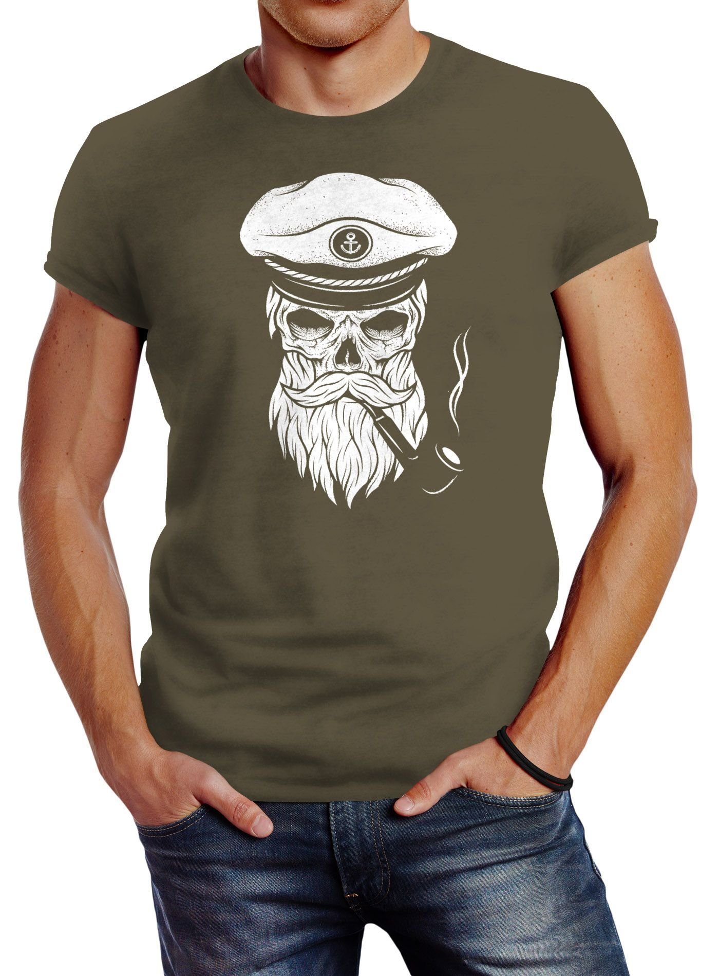 Neverless Print-Shirt Herren T-Shirt Totenkopf Kapitän Captain Skull Hipster Slim Fit Neverless® mit Print grün | T-Shirts