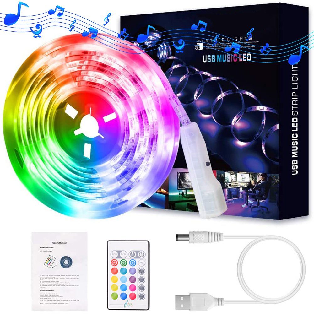 Rosnek LED-Streifen 2/3/5M, RGB, Musik Sprachsteuerung, USB, für Schlafzimmer Deko, mit IR-Fernbedienung