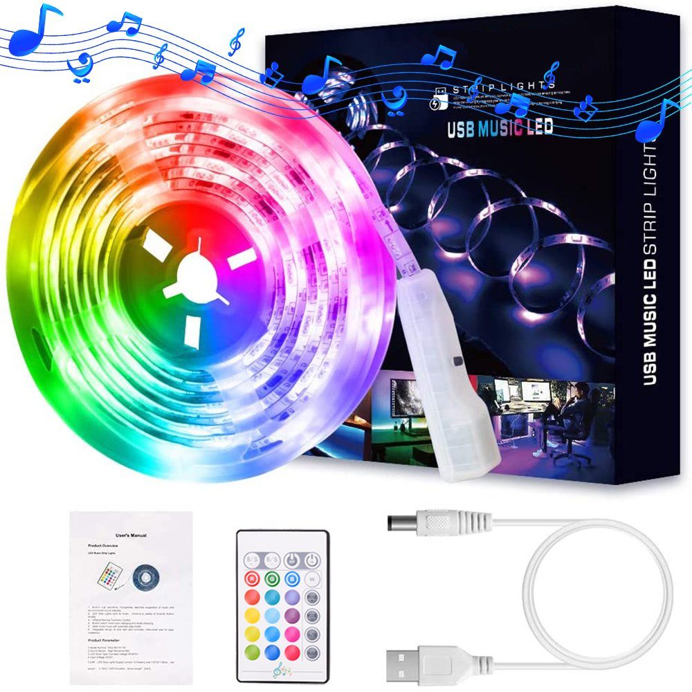 Rosnek LED-Streifen IR-Fernbedienung Sprachsteuerung, Schlafzimmer Musik für Deko, 2/3/5M, RGB, mit USB,