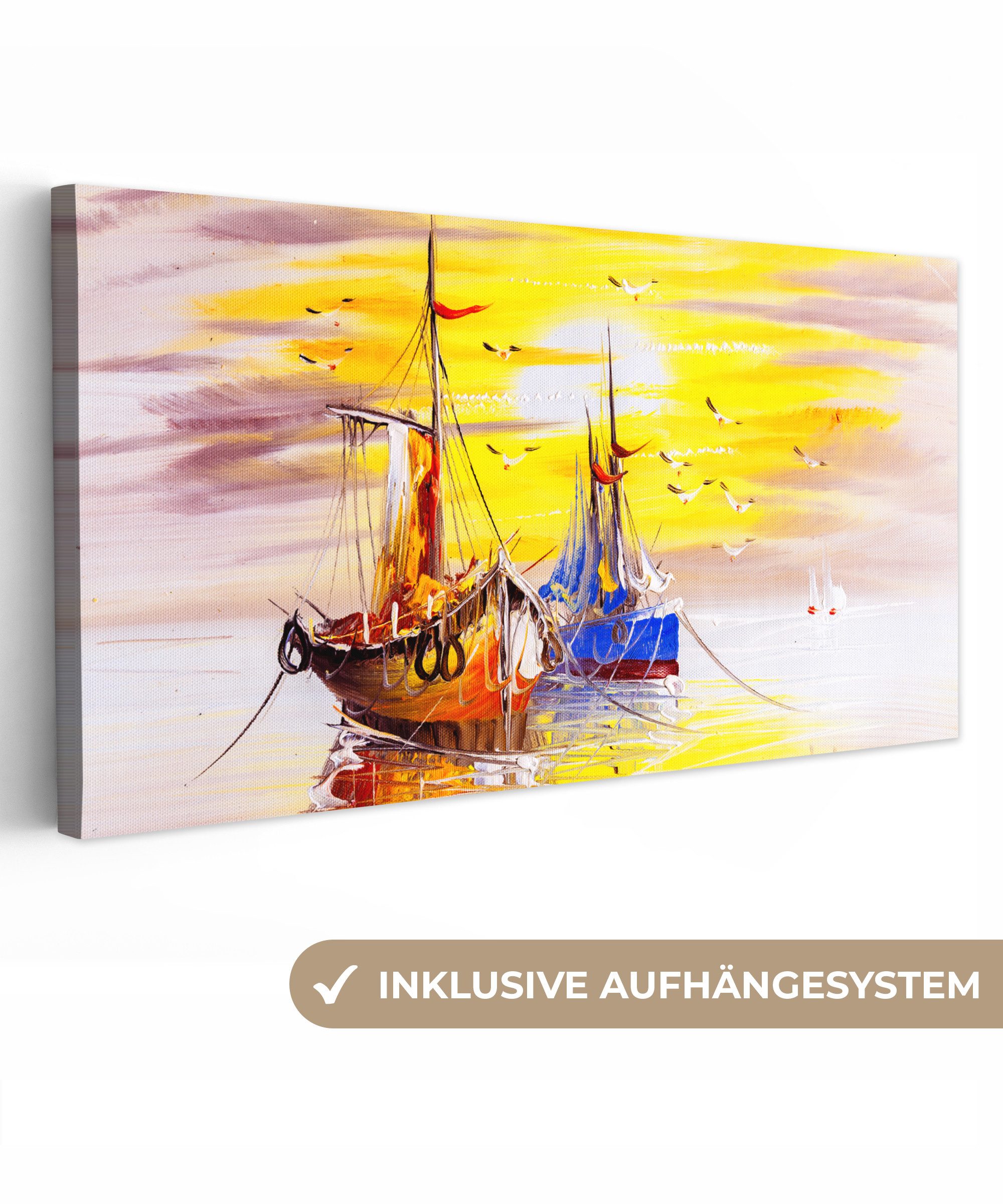 OneMillionCanvasses® Leinwandbild Panorama Malerei - Boot - Wasser - Ölfarb günstig online kaufen