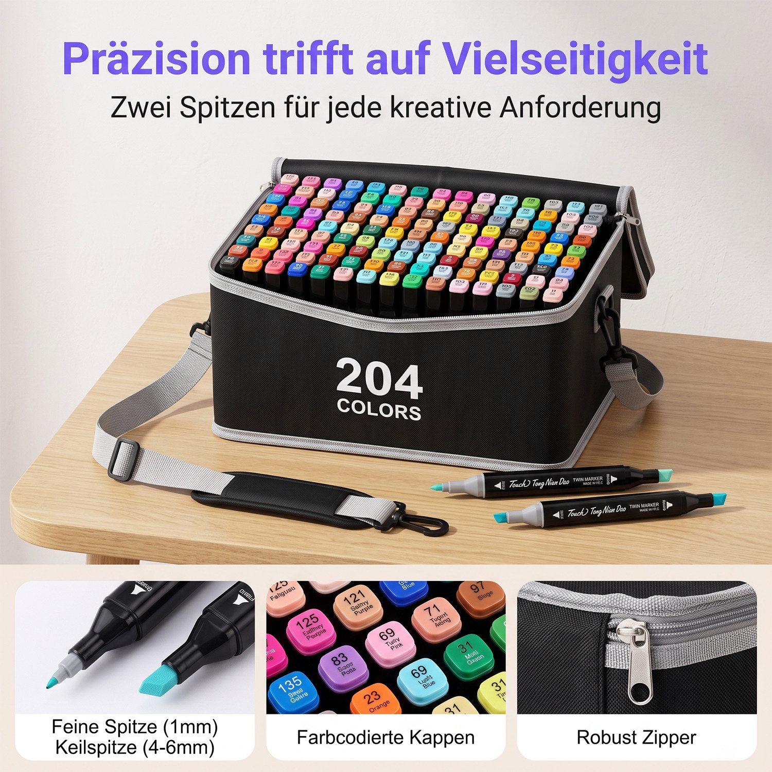 AKKEE Filzstift 204/262 Farben Filzstifte, Doppelte Spitze Permanent Marker Stifte Set, (204-tlg), mit Schwarzer Tragetasche und Abstandshalter für Malerei, Des – Bild 2 von 5