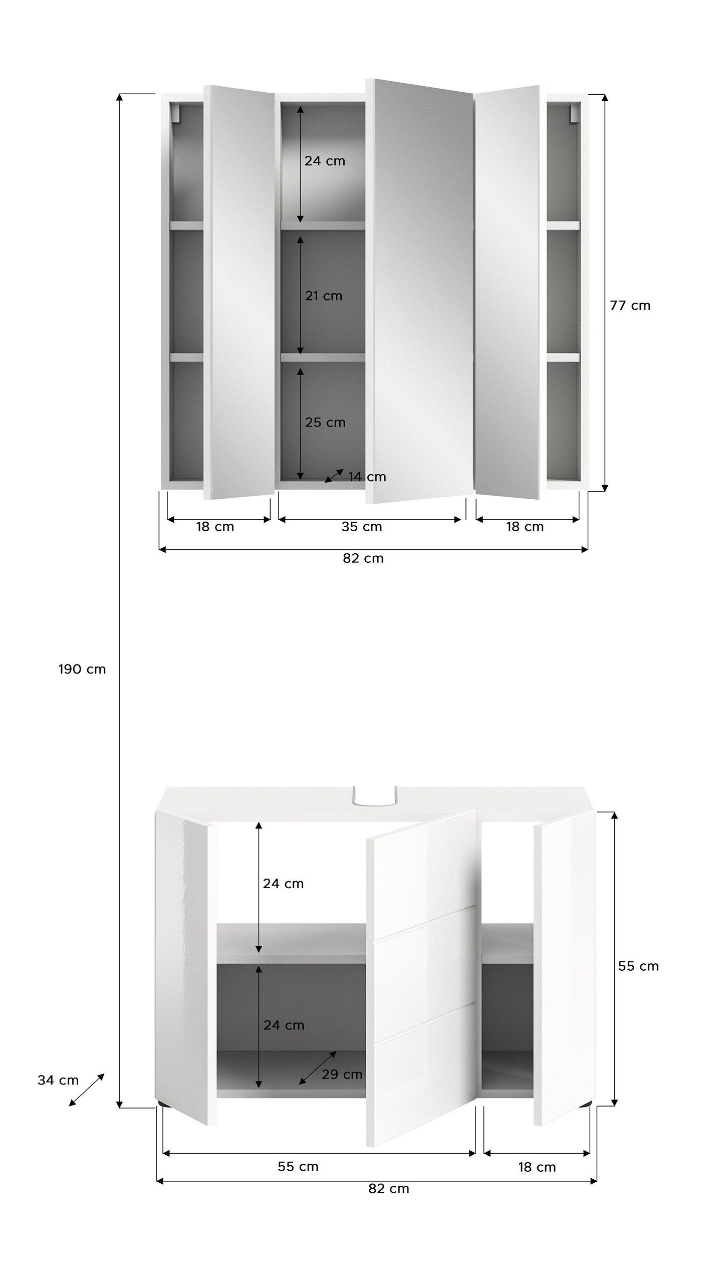 Newroom Badezimmer-Set Valea, Badezimmer-Set Weiß Hochglanz inkl. Beleuchtung Badezimmermöbel M...
