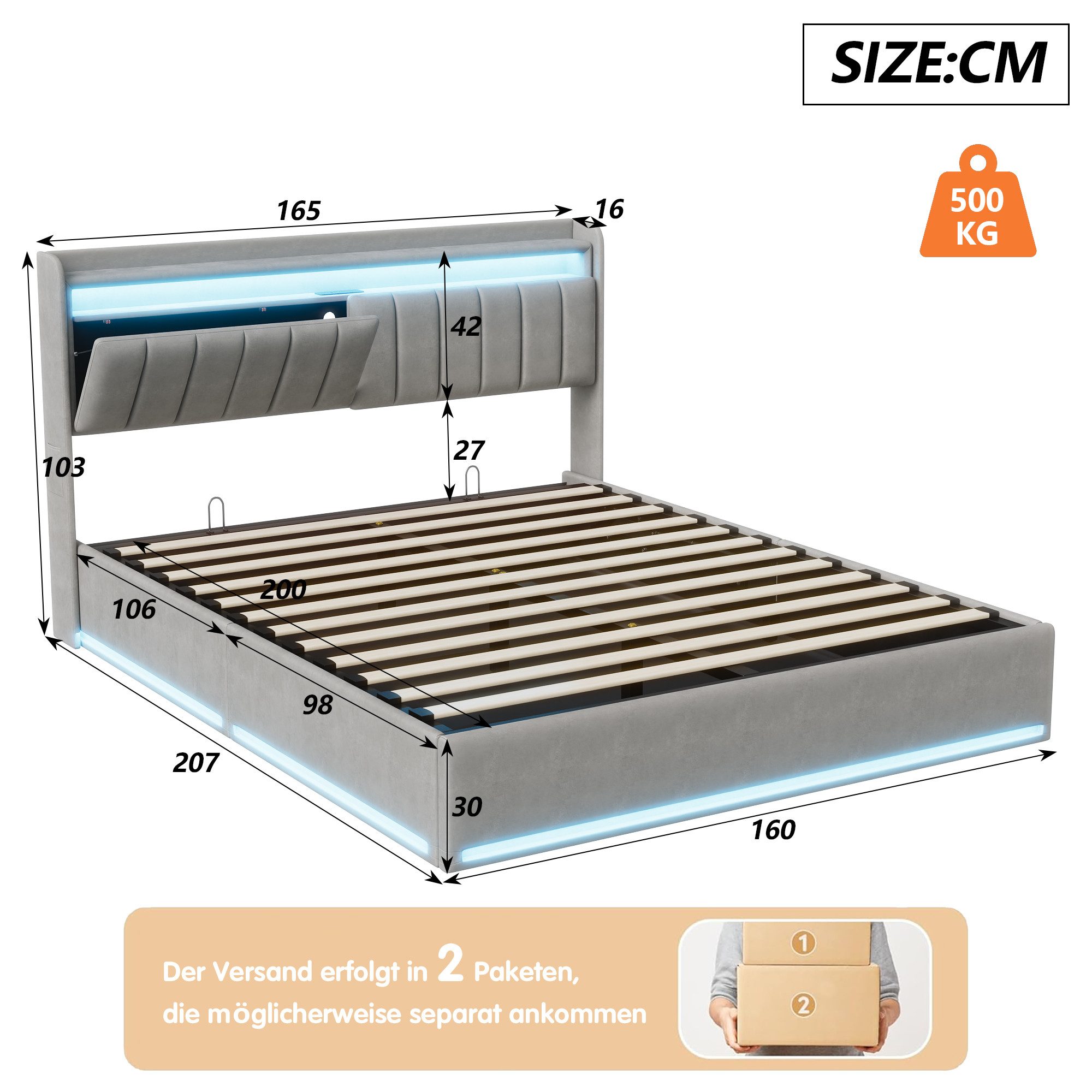 Gdood Polsterbett Stauraumbett Doppelbett LED (Type-C + USB, Hydraulisch hebbarer Stauraum), Mit Bettkasten, LED-Beleuchtung, USB-Anschluss, 160x200 cm – Bild 5 von 5