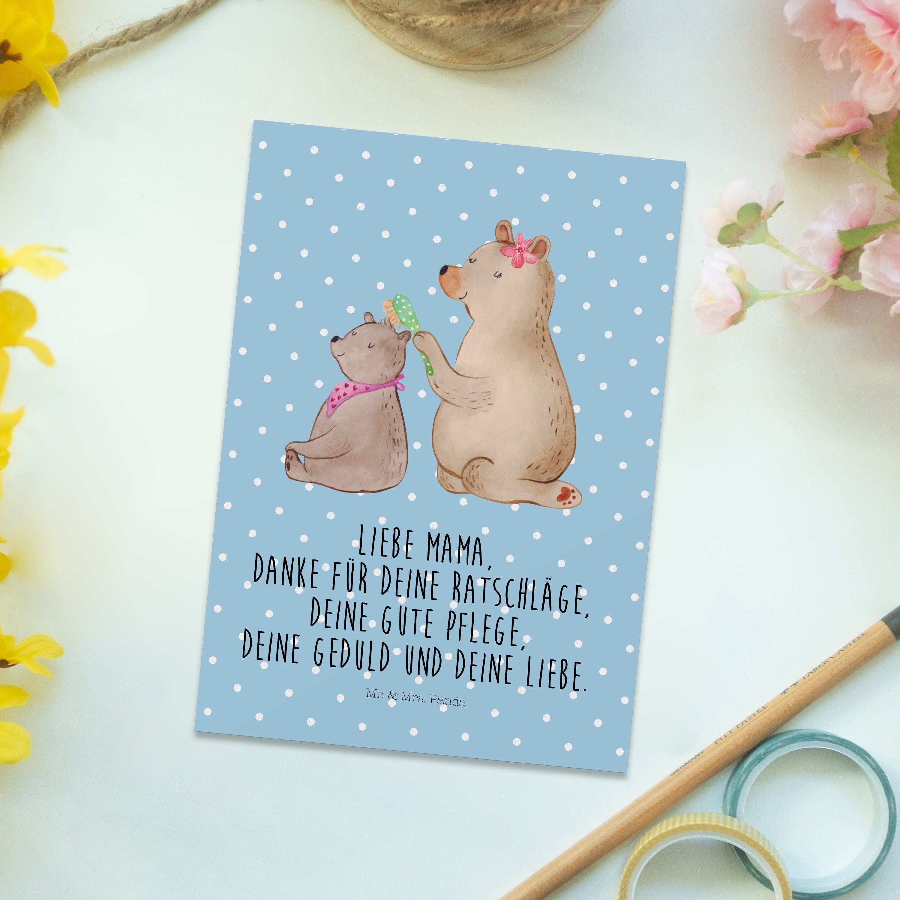 Mr. & Mrs. Pastell Bär Bären Familie, mit Geschenk, - Geschenkkarte, Kind Blau Panda - Postkarte