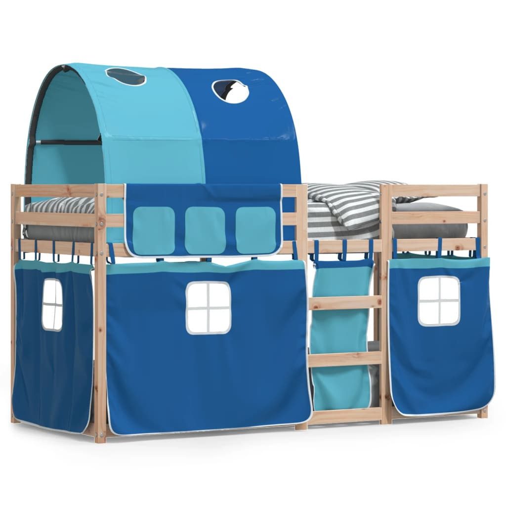 vidaXL Kinderbett 90 x 190 cm Etagenbett mit Vorhängen Blau 90x190 cm Massivholz Kiefer